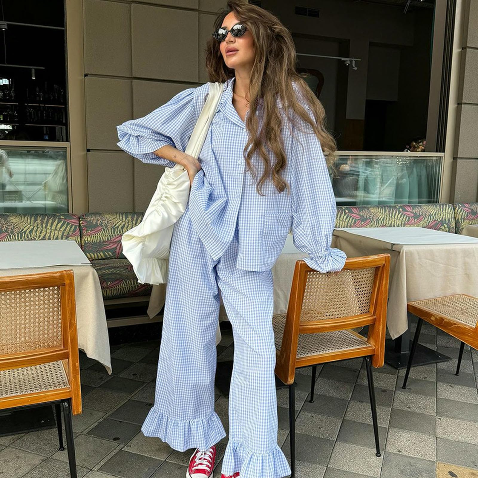 Pigiama da Donna Set di Abbigliamento Casa Donna, Comodo E Casual, può Uscire, Maniche Lunghe Pantaloni Lunghi, Pigiami Semplici-Blu-m