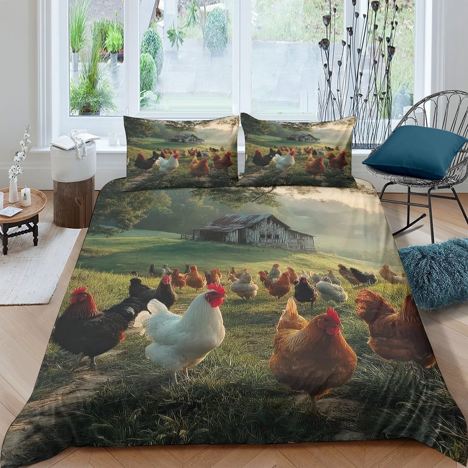 Ctjqhvkz Style-1 3D Printed Farm Chicken Fitted Sheet Microfiber Country Landscape Mattress Cover Non Slip Washable Decor For Bedroom Single（135X200cm）