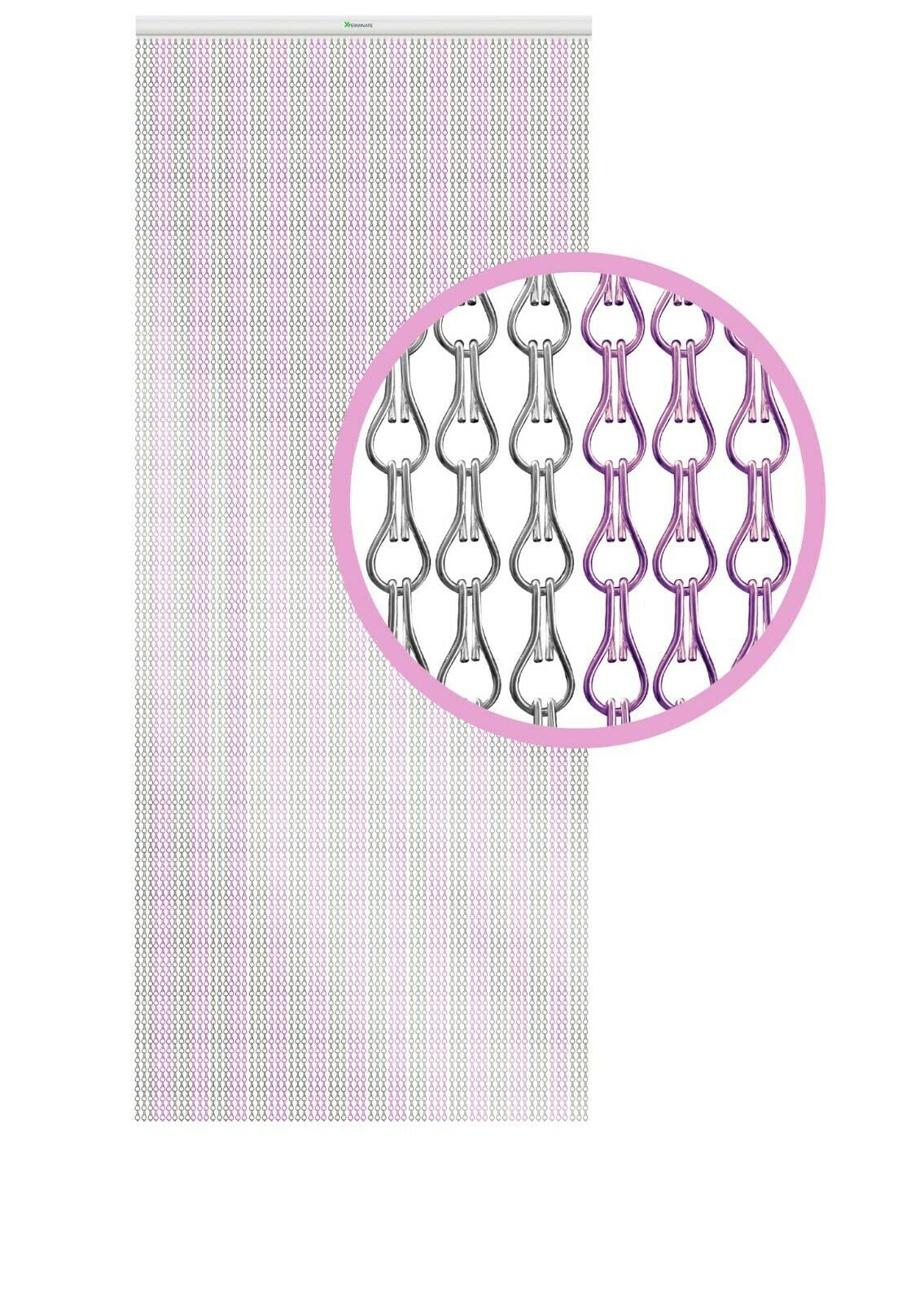 Xterminate Fly Blind Screen Chain Curtain for Doors | Premium Heavy Duty Metal Aluminium Fly Chains c/w 2 Spare Chains and Hanging Fixtures for Doorways, Patio Doors, Conservatories (Pink and Silver)