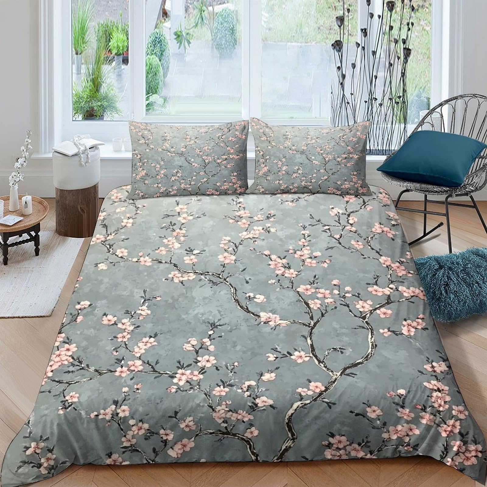 Ctjqhvkz Style-1 3D Printed Sakura Blossom Fitted Sheet Microfiber Soft Green Floral Branch Mattress Cover For Bedroom Guest Room Decor Single（135X200cm）