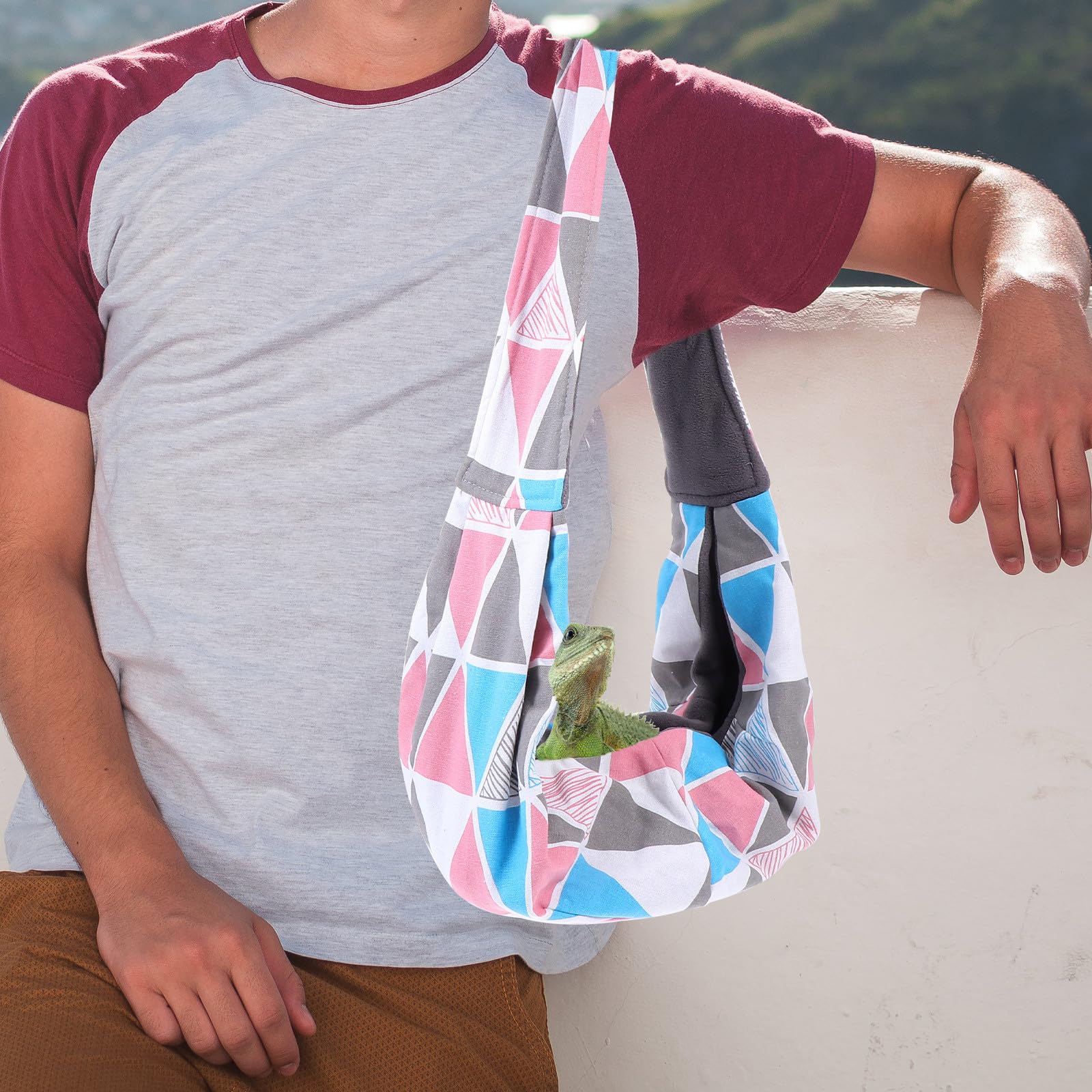 TOYANDONA Verstellbare Reptilien Tragetasche für Bartagamen Atmungsaktive Haustier Schultertasche Kleine Bunte Dreieck Umhängetasche aus Polyester für Reisen und Ausflüge