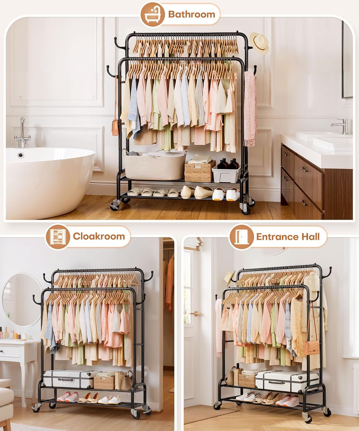 Homde Heavy Duty Clothes Rack: 265lb Double Rod Garment Hanging for Indoor - Rolling Coat Organizer Storage for Laundry Bedroom - Dress Shirt Closet Display on Wheels with Shelf (Black，44")