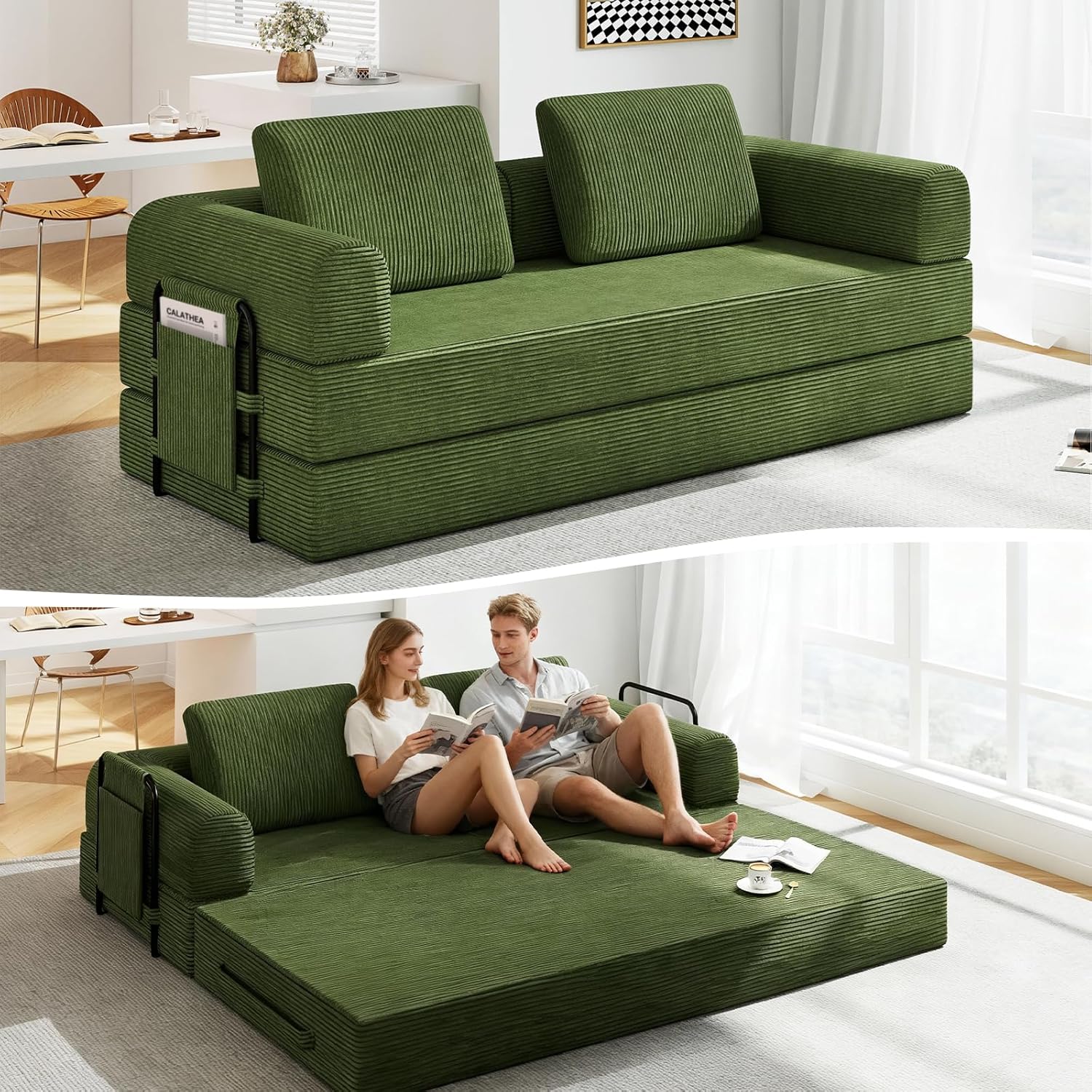 78'' Sleeper Couch Bed for Living Room, Convertible Modular Sofa with Fixed Frame and Side Pocket, Corduroy Futon Boneless Couches in a Box, No Assembly, Black