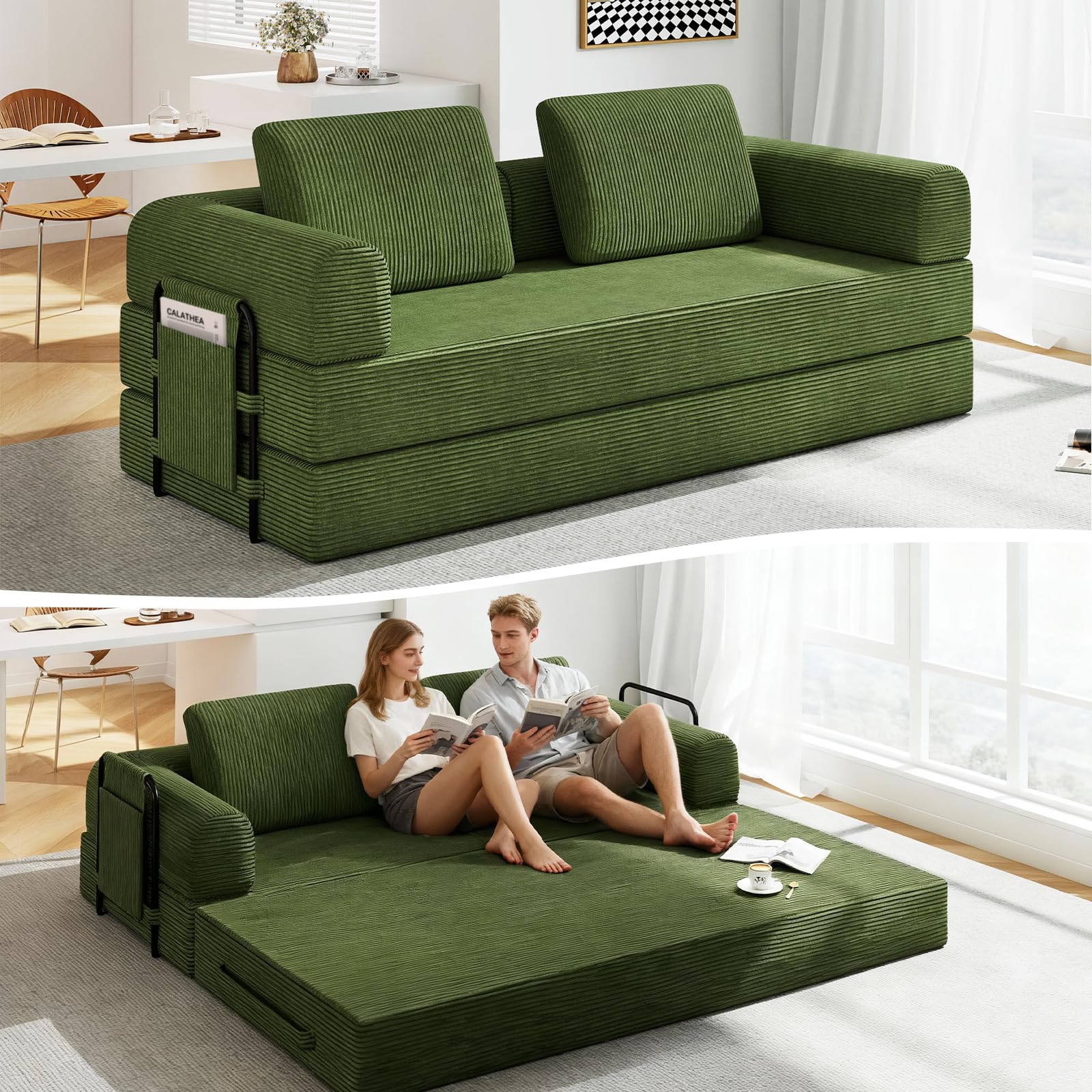 Nivayor 78'' Sleeper Couch Bed for Living Room, Convertible Modular Sofa with Fixed Frame and Side Pocket, Corduroy Futon Boneless Couches in a Box,