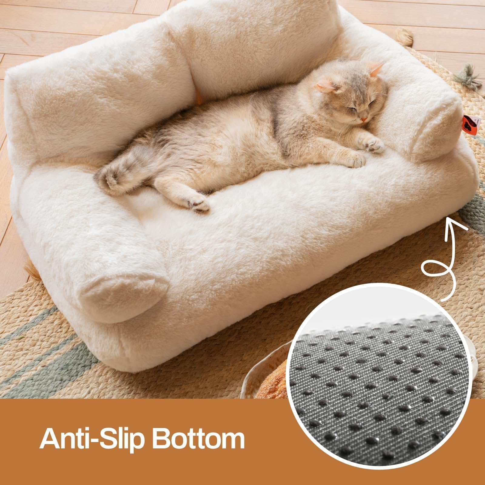 MEWOOFUN groß Katzenbett kleines Hundesofa Flauschig und waschbar Katzensofa Hundebett für Katzen, weich Katzenbett katzencouch mit Rutschfester Unterseite, weiß 66x48cm