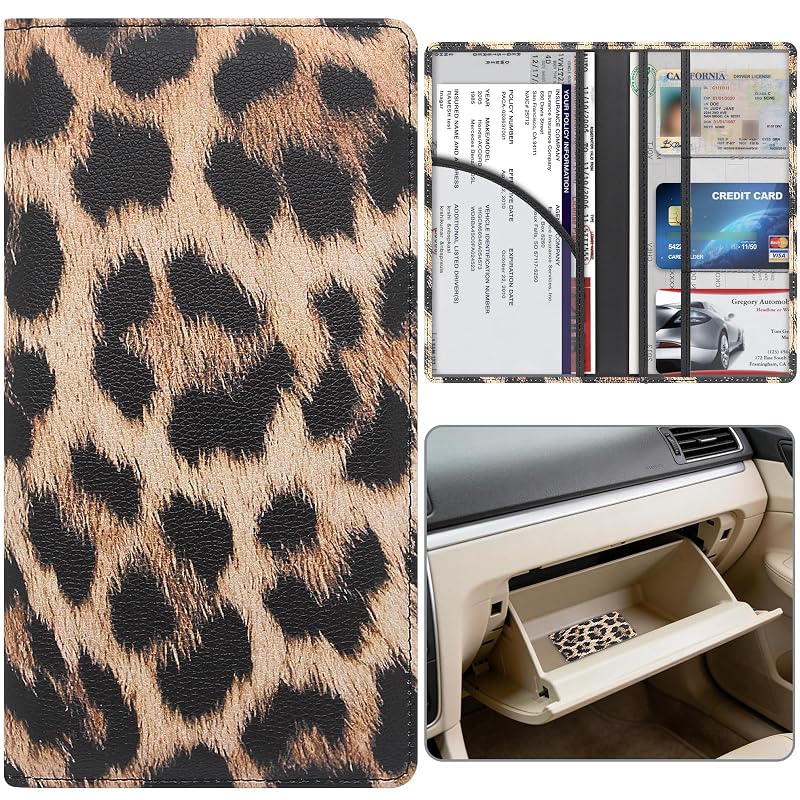 Porta-documentos automotivo para porta-luvas com fechamento magnético e 6 compartimentos, estampa Leopardo Miunice