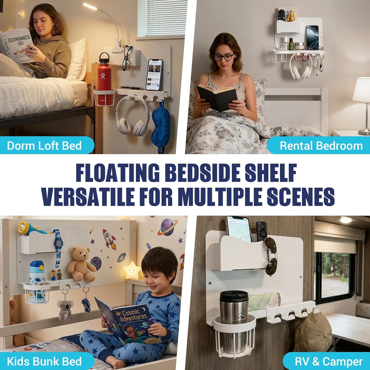 Floating Bedside Shelf & Bedside Wall Organizer, Metal with Detachable Cup Holder, No-Drill Wall Mounted Storage for Bedroom, Dorm, Teen Girls Room, Loft Bed, RV, Bunk Bed & Small Space Organization