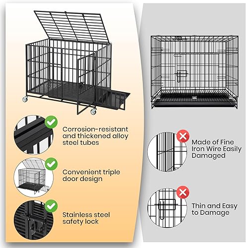 Miniatura 3 de Heavy Duty Proof Dog Crate - XL Metal Kennel with 3 Doors, Removable Tray & Wheels, Secure Indestructible Indoor Cage for LargeMedium Dogs, Black -