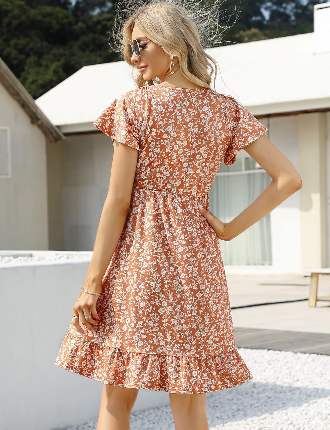 Coolmee Women's Maternity Short Sleeve Ruffle Dress V Neck Summer Casual Smocked Flowy Midi Dress for Baby Shower Photoshoot - Image 7