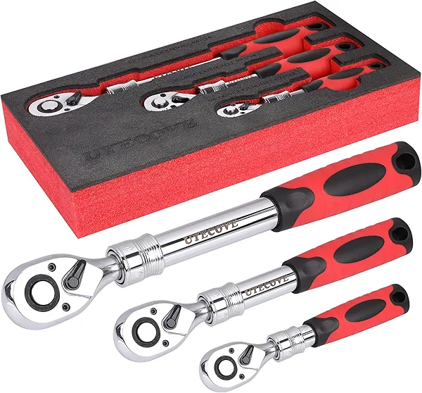 UYECOVE 3-Piece Extendable Ratchet Set, 1/4 3/8 1/2 Inch Extendable Socket Wrench, Ratchet Wrenches Set 72-Tooth Quick-Release, Soft Grip Handle with Storage Tray