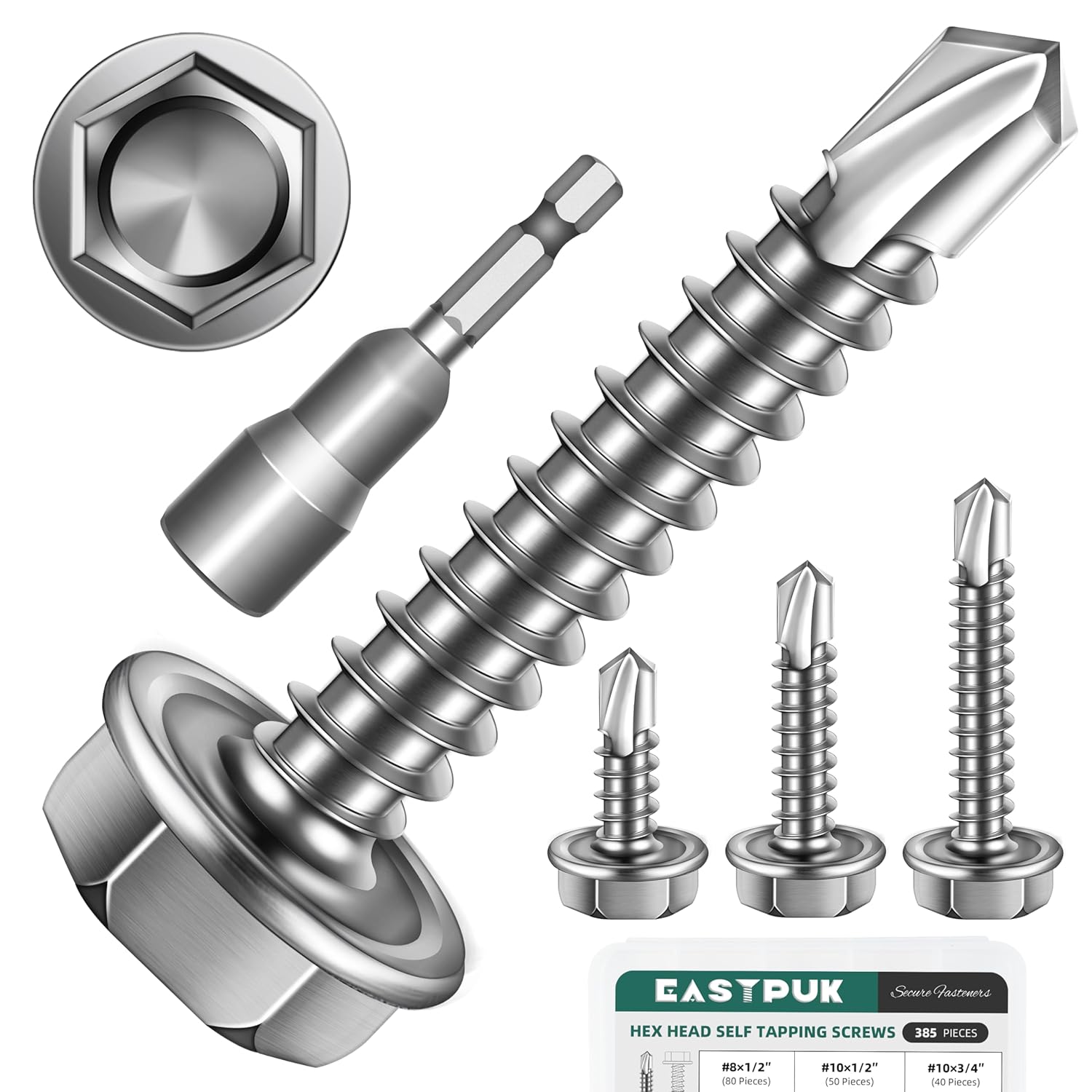 385Pcs #8#10#12 Self-Tapping Screws for Metal 410 Stainless Steel Hex Head Self-Drilling Screws Assortment Kit, Quick Tapping Sheet Metal Screw