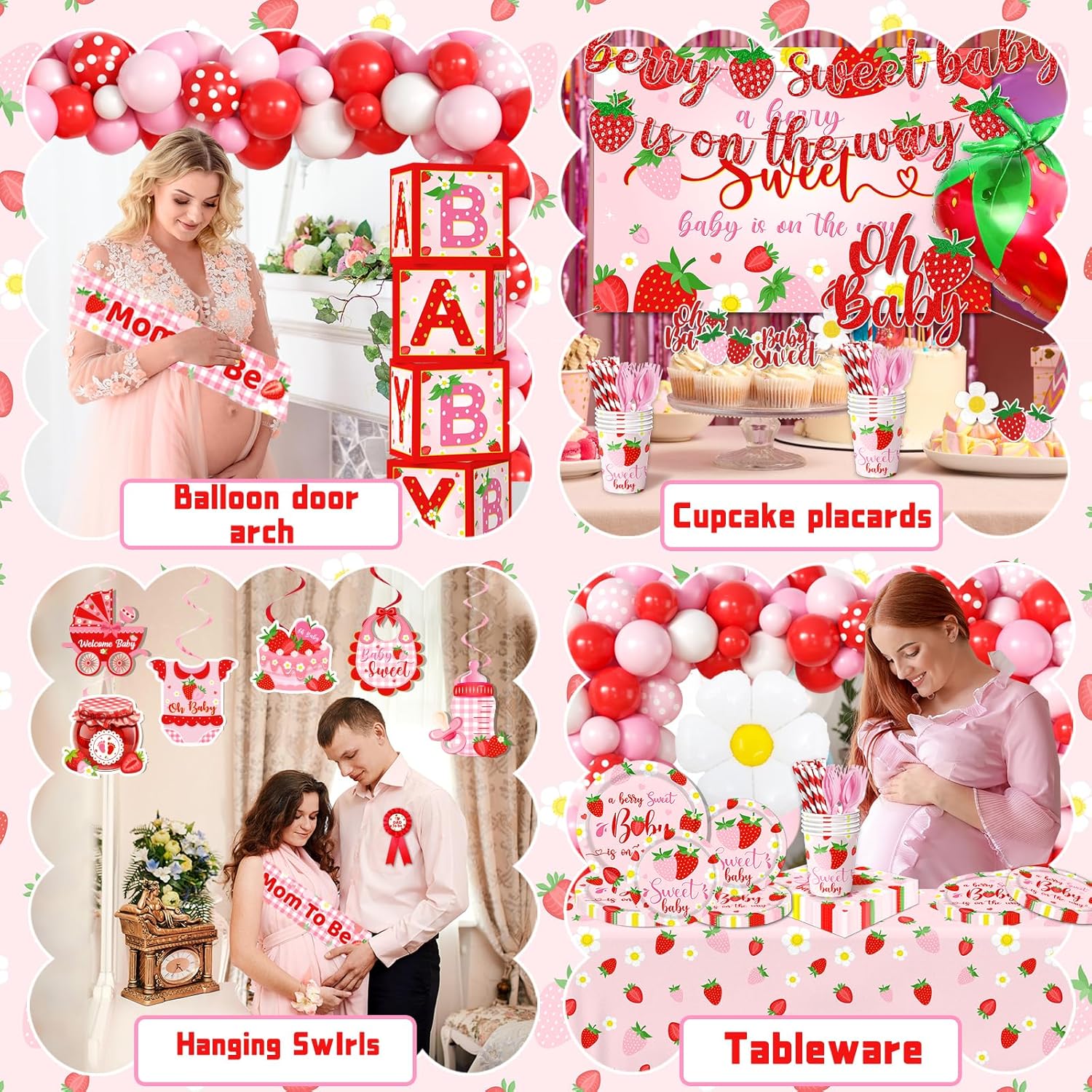 Strawberry Baby Shower Decorations, Berry Sweet Baby Shower Decorations with A Berry Sweet Baby Is On The Way Backdrop Cake Topper Strawberry Plates Balloon Arch Box for Baby Girl