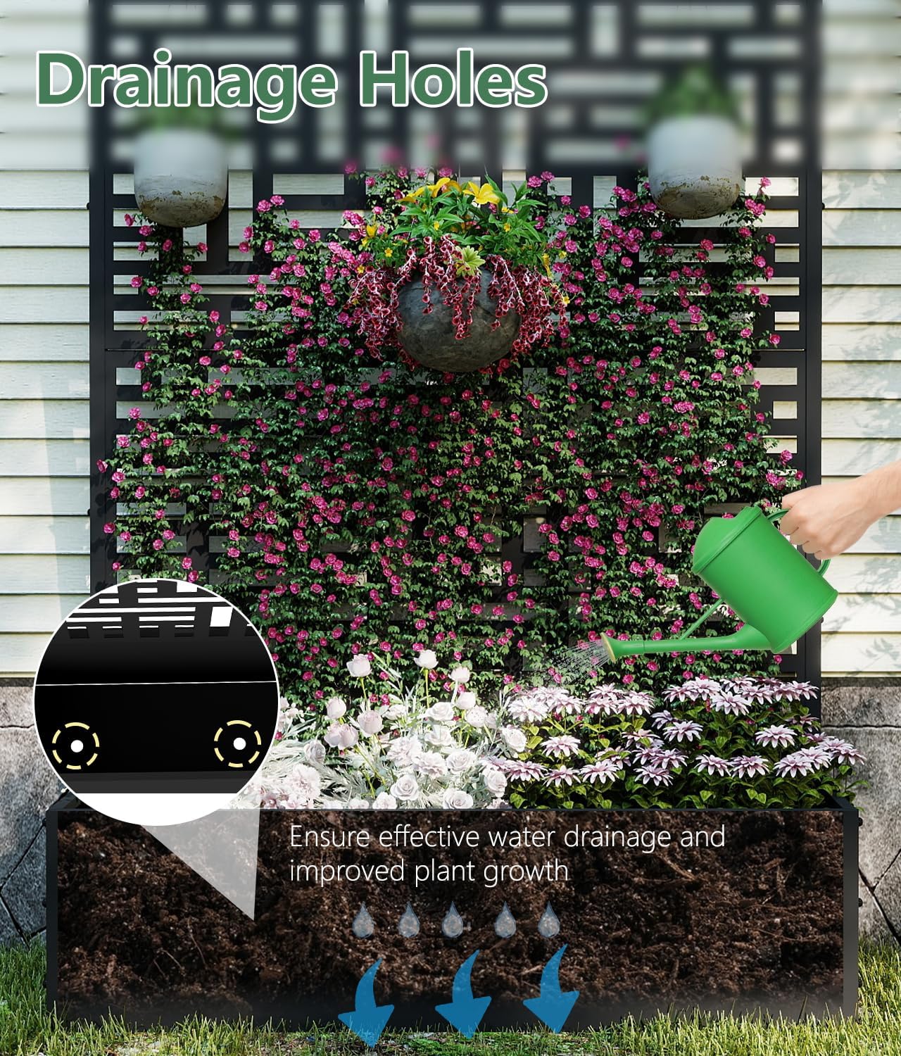 Metal Planter Box with Trellis,70.9"x47.2"x15.7" Raised Garden Bed with Drainage Holes, Privacy Planters for Outdoor Garden Bed for Climbing Plants,Vegetables,and Vines,Black-Modular