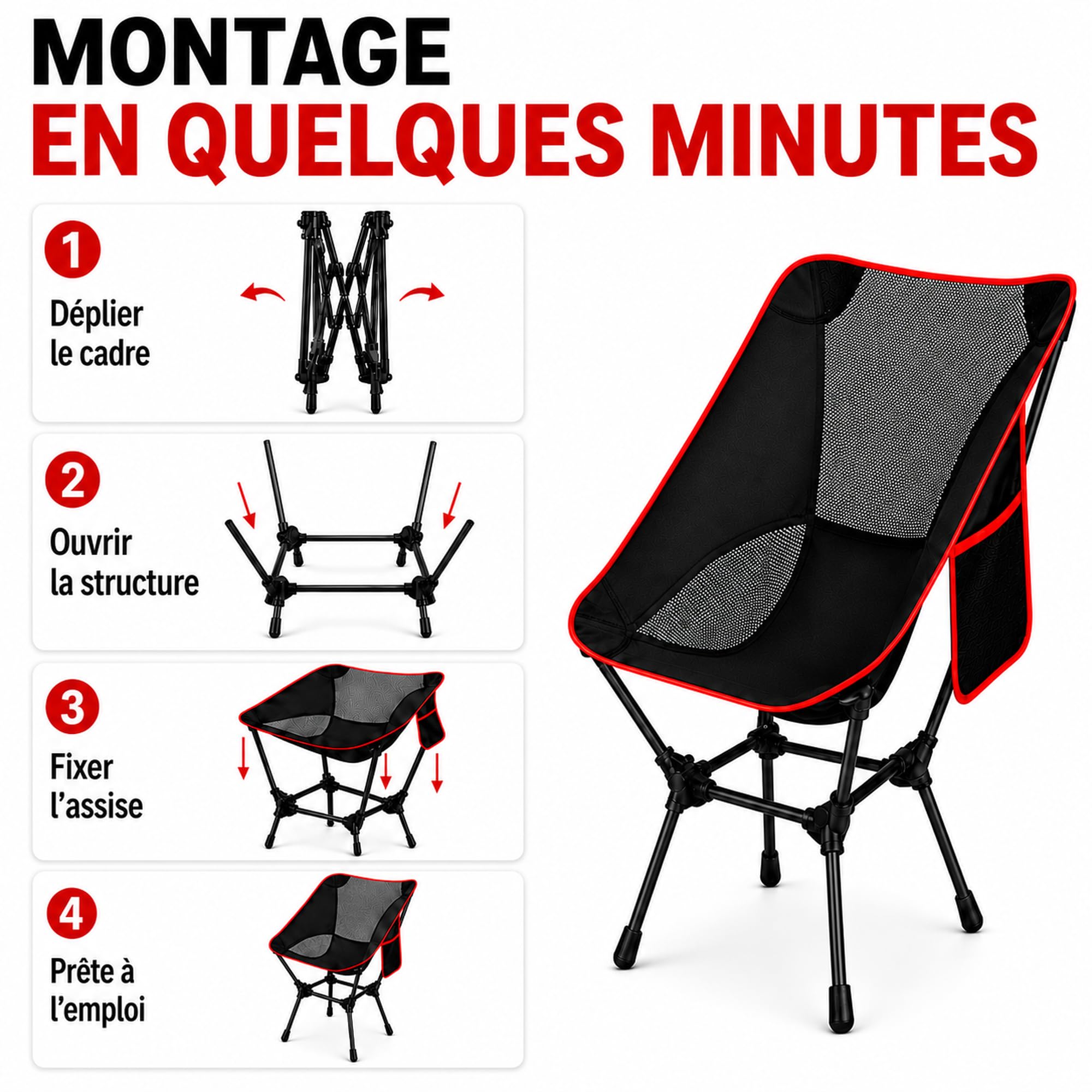 Fauteuil de Camping Léger et Pliable avec Poche Latérale et Sac de Transport – Chaise Pliante Extérieure Confortable en Tissu Oxford, Jusqu’à 120 kg, pour Randonnée, Pêche, Plage, Festival