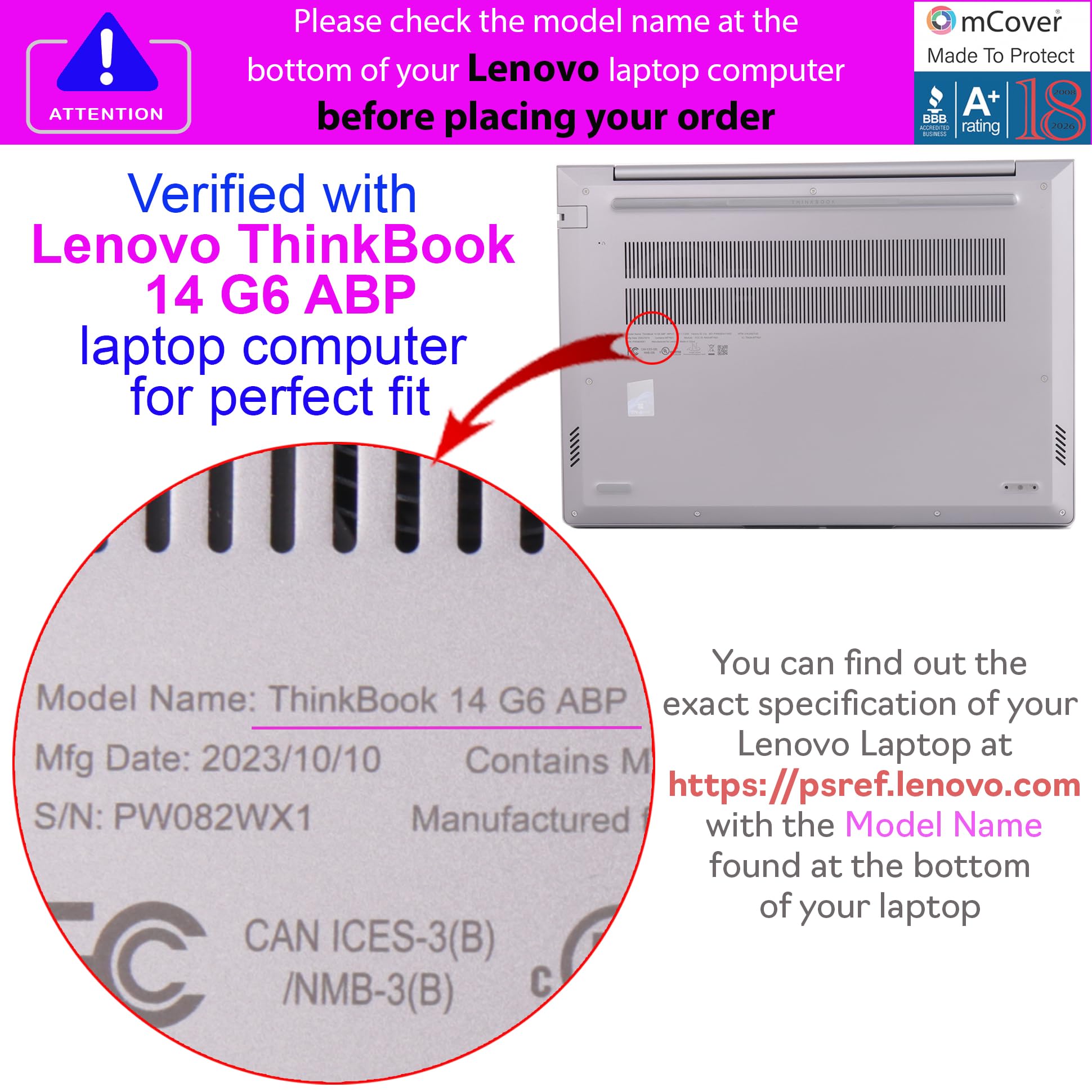 mCover Étui Uniquement Compatible avec Lenovo ThinkBook 14 G6/G7 Series Windows 2023~2025 14" (ne Fonctionne Pas avec d'autres modèles Lenovo) – Noir