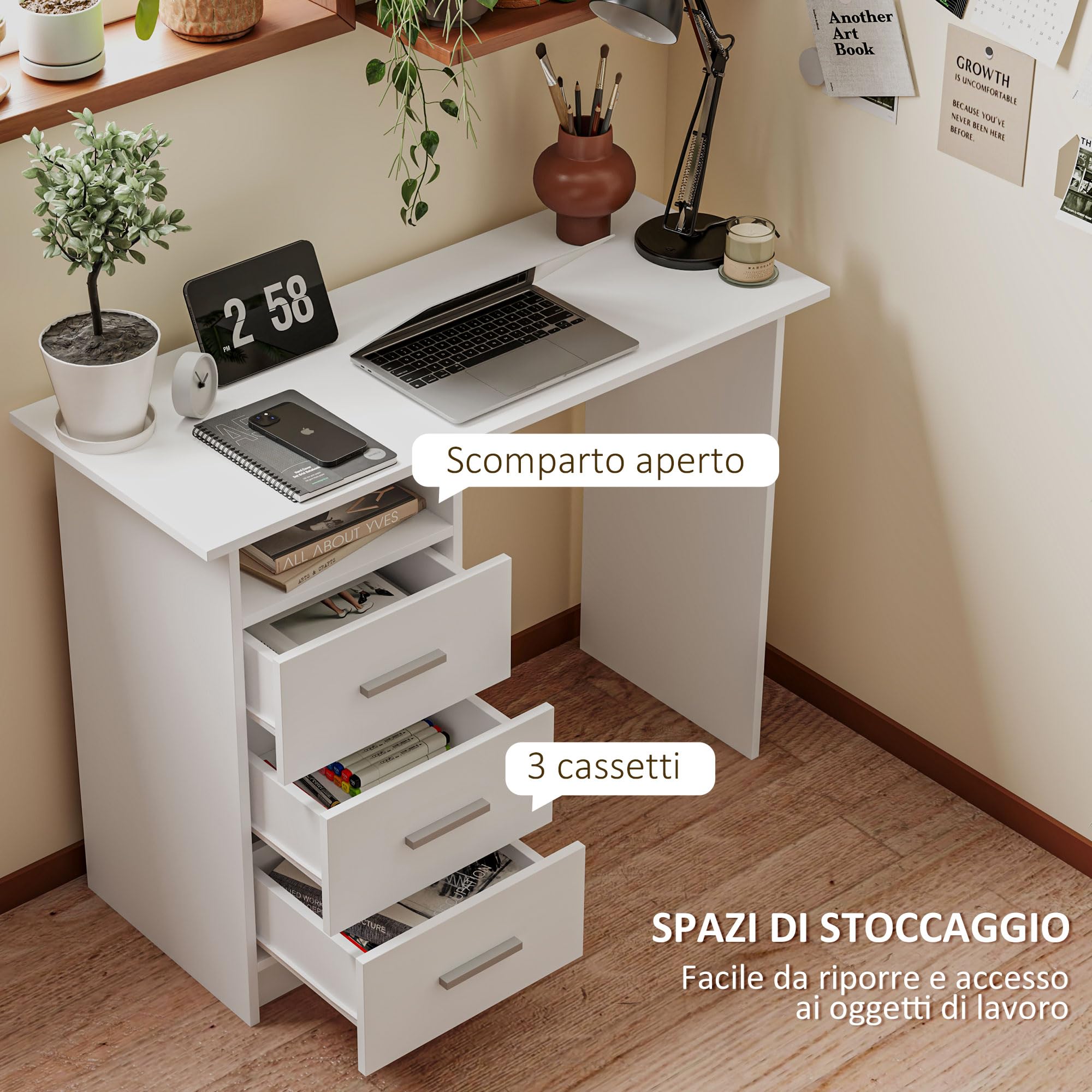 HOMCOM Scrivania Salvaspazio Moderna 3 Cassetti 100x40x75 cm Bianco | Ripiano Aperto, Scrivania con Cassetti in Legno, per Ufficio Studio Camera da Letto