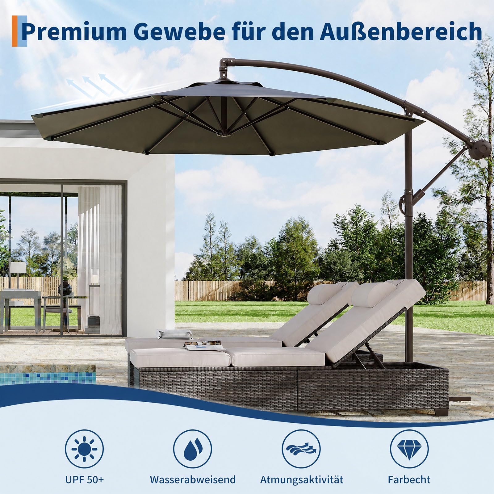 GarveeLife Sonnenschirm Ø300cm Ampelschirm 360° drehbar Gartenschirm mit Kurbel UV-Schutz UPF 50+ Wasserabweisender Gartenschirm mit Schutzhülle und Ständer für Terrasse Balkon
