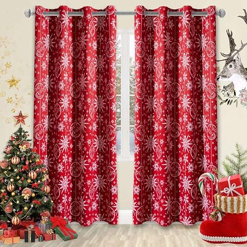 LORDTEX Cortinas navideñas con estampado de nieve para sala de estar y dormitorio, cortinas opacas con aislamiento térmico, cortinas de ventana