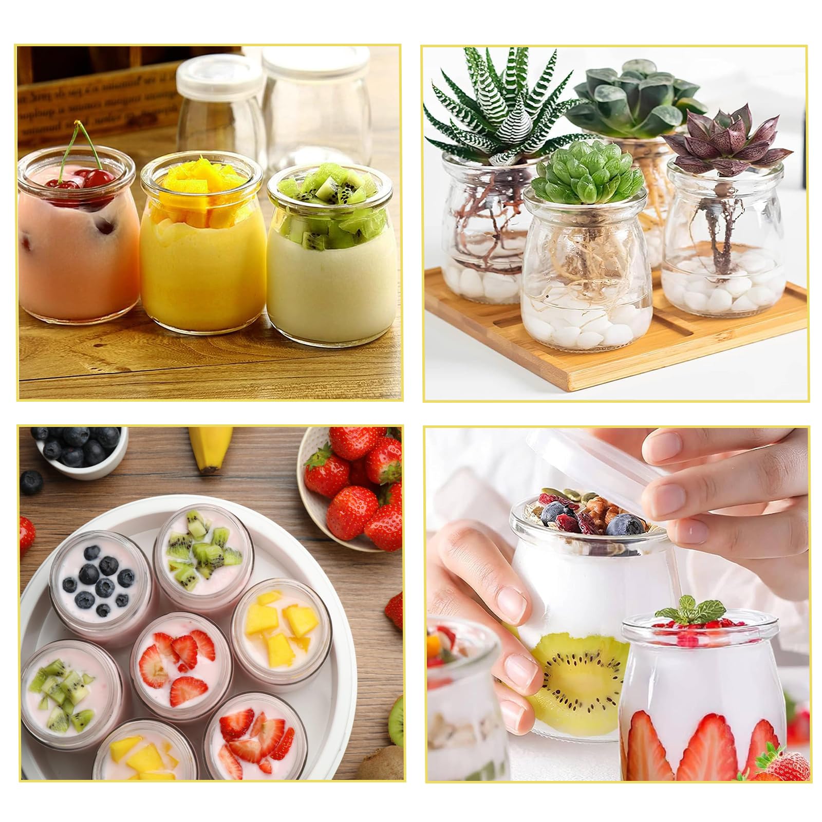 Pots à Yaourt Transparents, Lot de 12 Pots à Pudding en Verre avec Couvercle, 200 ml Pot à Pudding pour Gelée, Contenants en Verre, pour Jams, Miel, Tiramisu, Mousse, Desserts