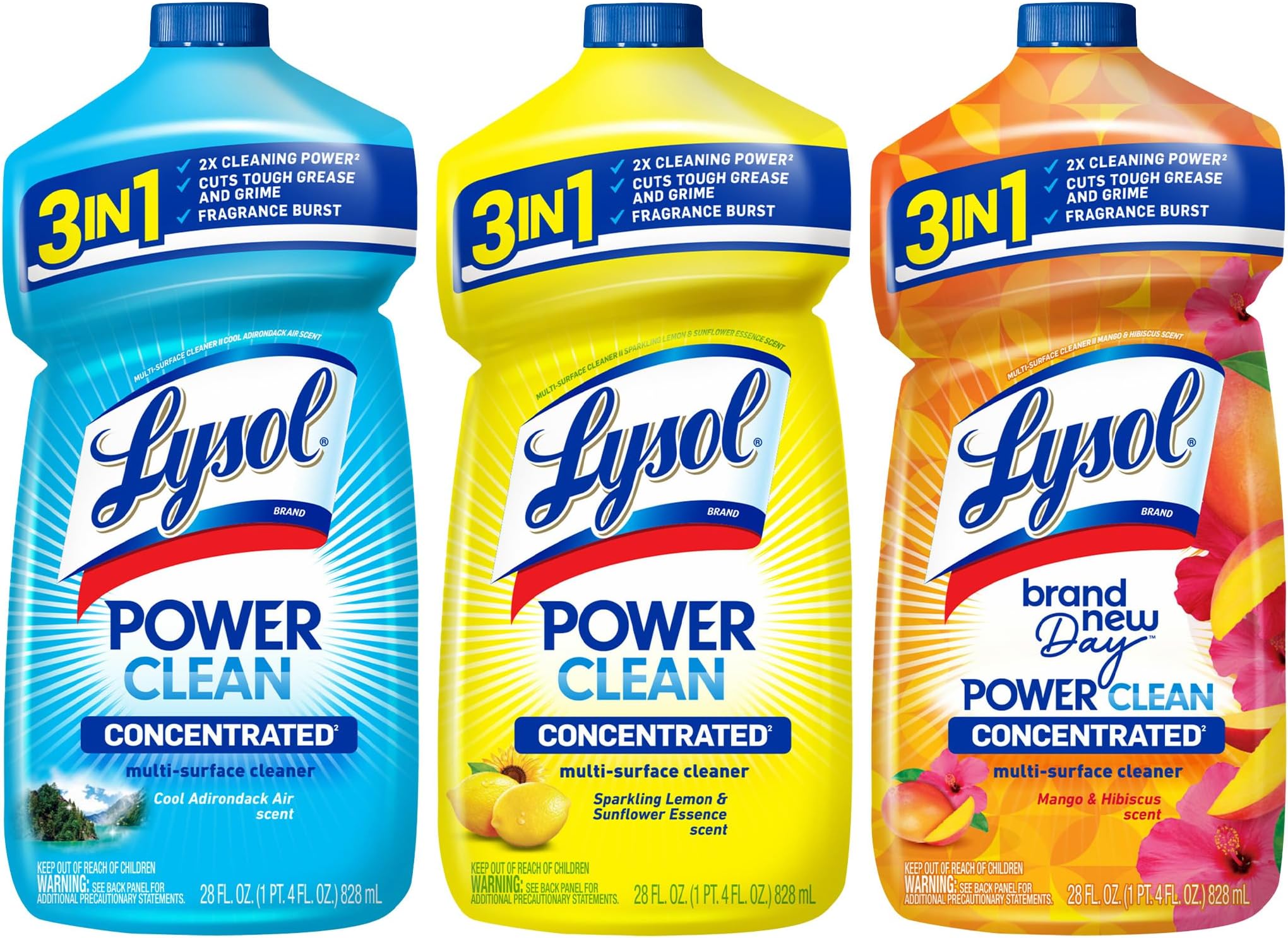 Bundle of LYSOL Power Clean Multi-Surface Cleaner, 2x Concentrated Pour 3x28oz, Cool Adirondack scent, Sparkling Lemon & Sunflower Essence scent, Mango & Hibiscus