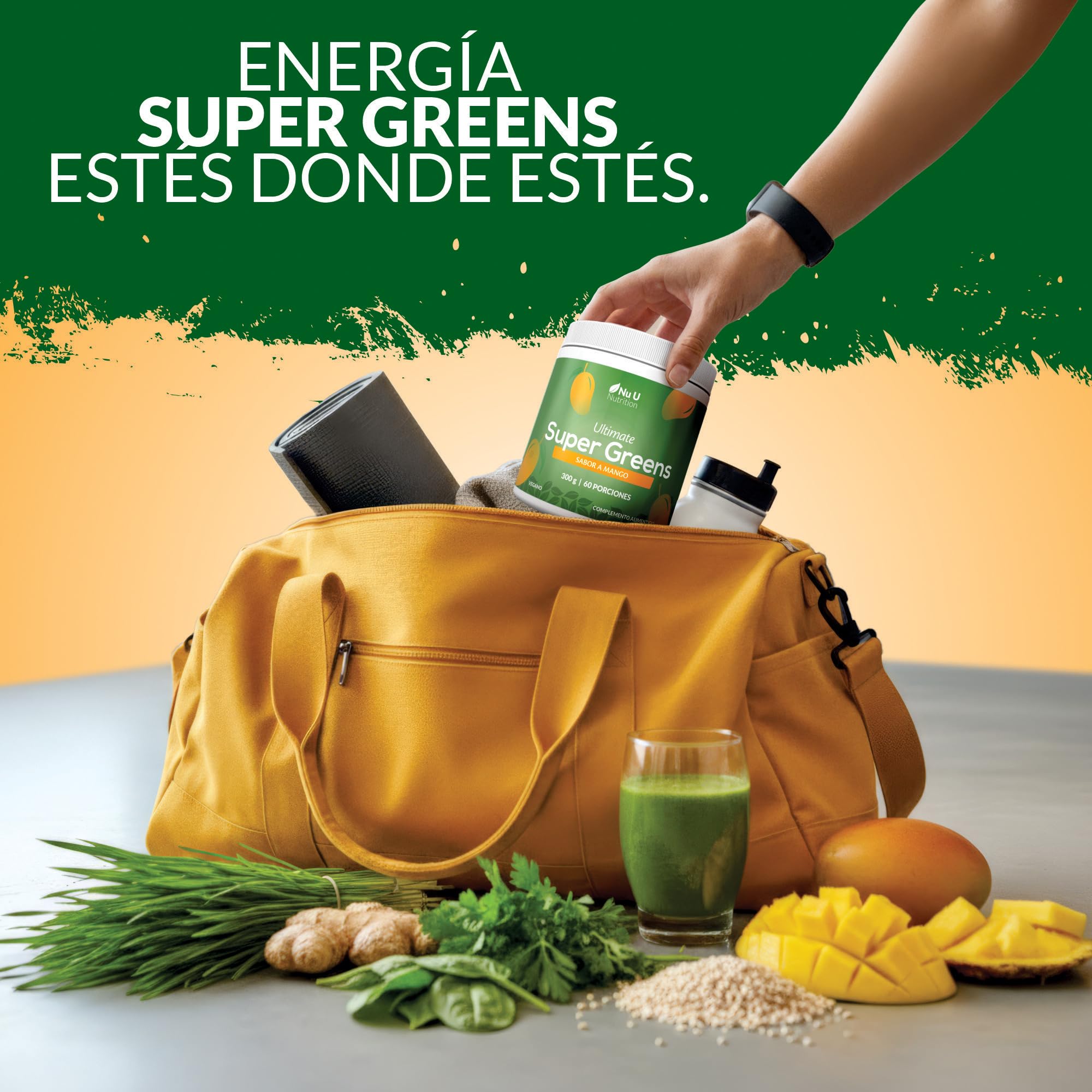 Super Greens | Mango | Polvo de Jugo Verde 300 g - 17 Ingredientes Superalimentarios Activos - 60 Porciones - con Inulina, Espirulina, Clorela, Raíz de Maca y Más - 100% Vegano - Nu U Nutrition
