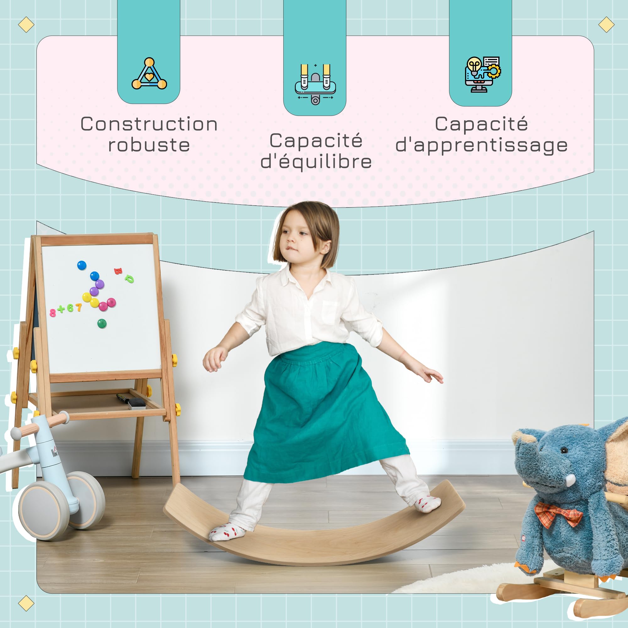 AIYAPLAY Planche d'équilibre pour enfants en bois naturel 90x29x19 cm charge max 50 kg
