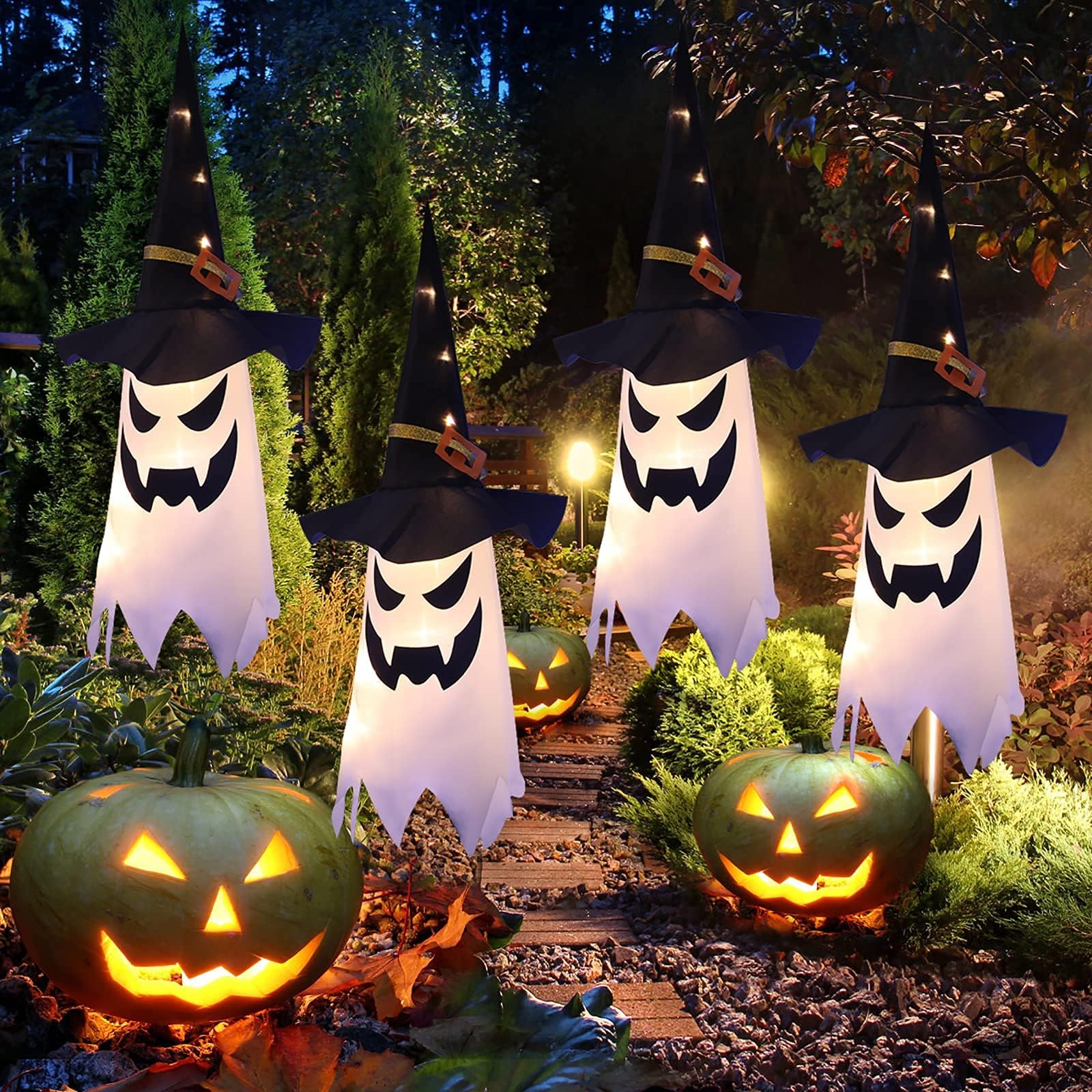 Halloween Hanging Decoration, Luminous Ghost Pattern Witch Hat Design, with Light Strings Suitable for Indoor and Garden Decorations.1pc