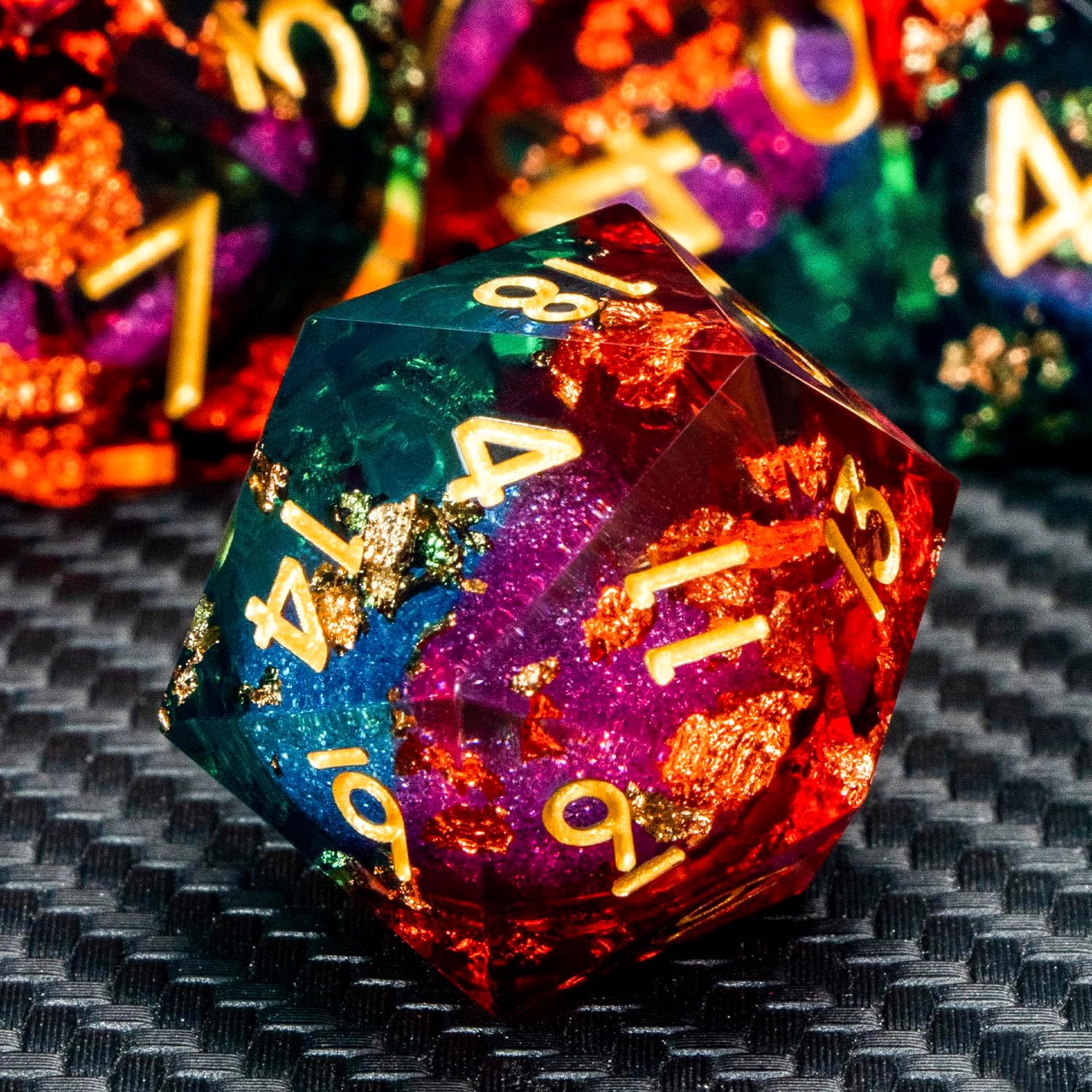 ARUOHHA Liquid Core DND Dice Set, 7pcs Resin Sharp Edged Dragons Dice Compatible with D&D Role Playing Games, RPG Golden Numbers Orange Green Dungeons Polyhedral D and D Dice with Gift Box D20 D10 D6