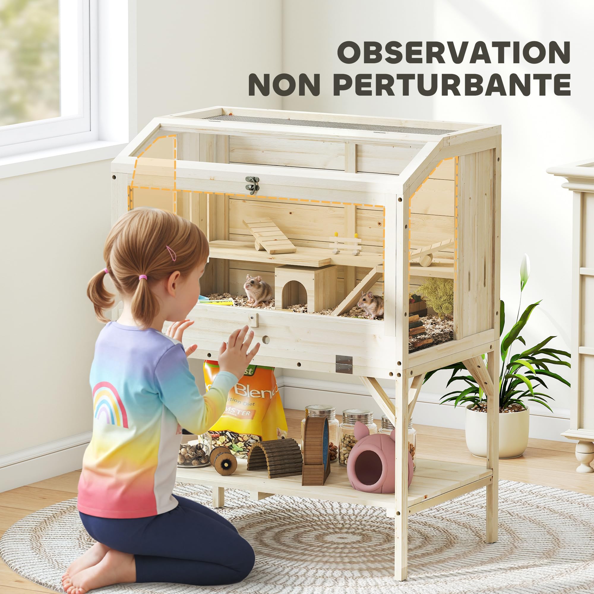 PawHut Cage Hamster en Bois, Cage Rongeur à 2 Niveaux, avec étagère de Rangement, Couvercle ouvrant, Plateau Amovible, Bascule, Rampe, pour Hamsters syriens, gerbilles, 84 x 53 x 110 cm, Bois Naturel