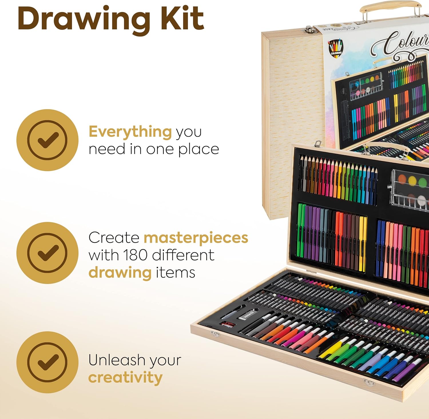 Grafix 180-Piece Art Set - Multicolor Drawing & Painting Kit with Wooden Case - Perfect for Kids & Adults