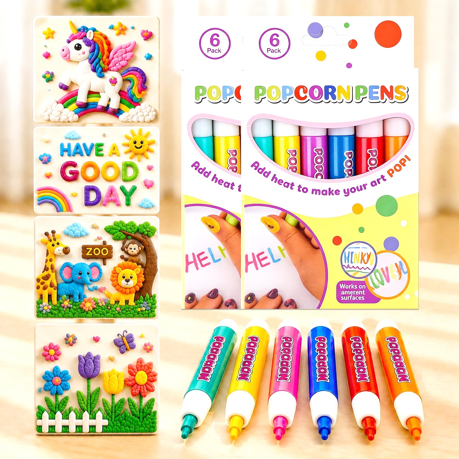 BGjiushiokc 2PCS Magic Pen, DIY Popcorn Drawing Pens, 6 Colours, DIY Art & Craft Supplies, 3D Puffy Embellish Decorate Graffiti Stationery for Greeting Birthday Cards Christmas