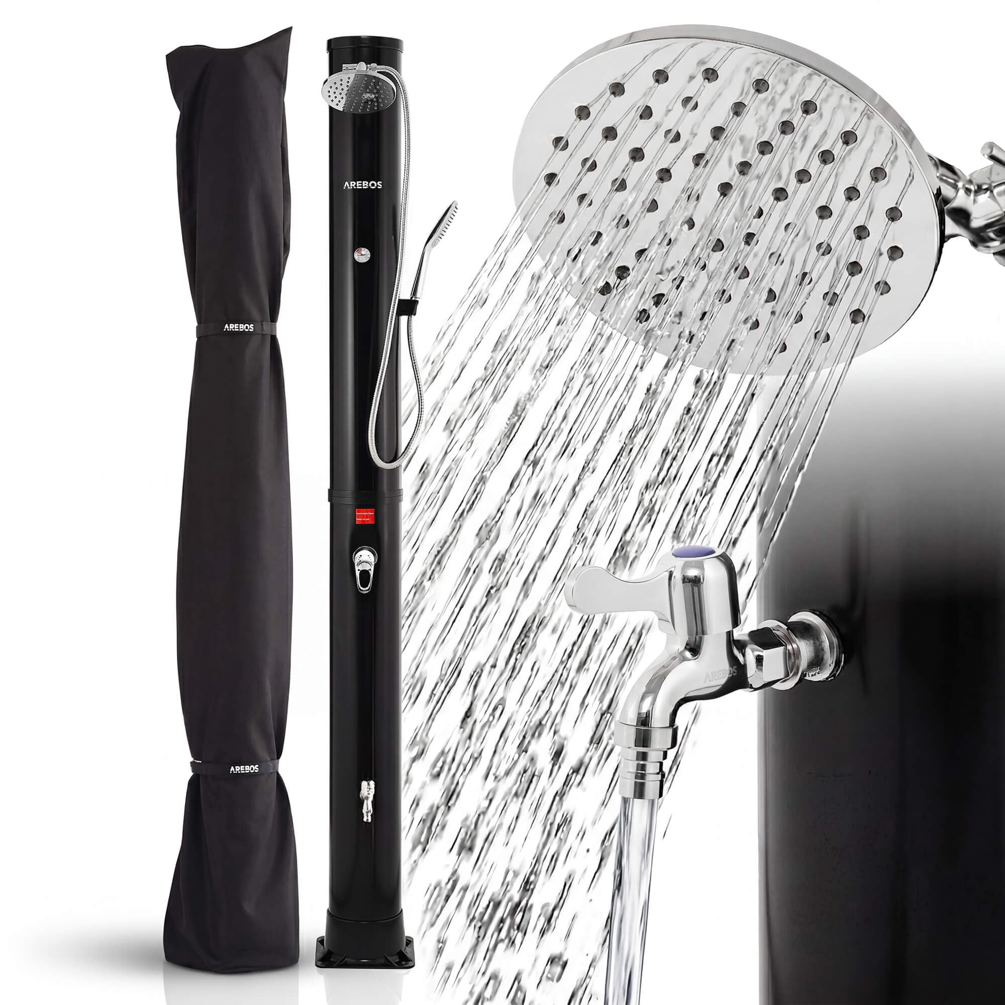 Arebos Solar Shower 40 L | Includes Cover | with Integrated Thermometer | Black | Swivel Shower Head | Mobile Shower Head | with Foot Shower and Garden Hose Connection | Includes Mounting Material