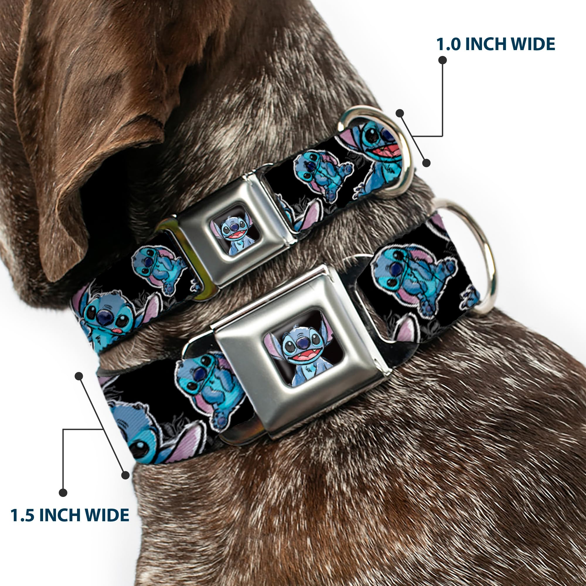Buckle-Down Seatbelt Buckle Dog Collar - Stitch Poses/Hibiscus Sketch Black/Gray/Blue - 1.5" Wide - Fits 16-23" Neck - Medium