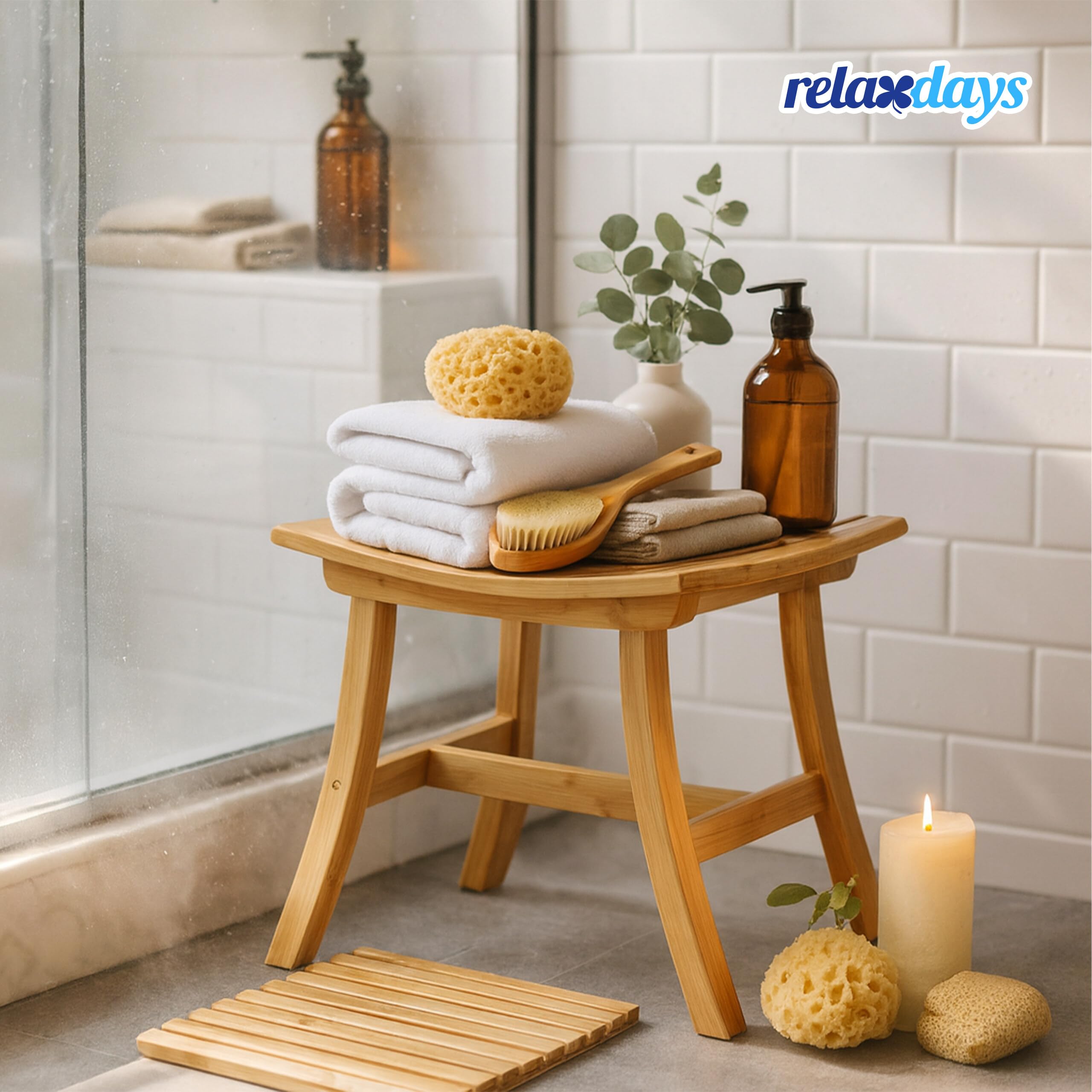 Relaxdays Hocker aus Bambus, elegant geschwungener Sitzhocker f. Garderobe, Holzhocker HxBxT: 48 x 56 x 28,5 cm, natur
