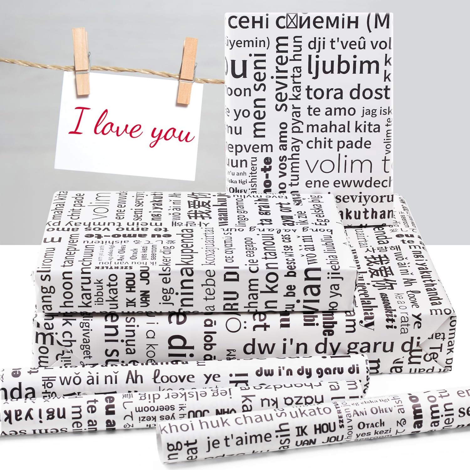"I Love You" Multilingual Wrapping Paper - 4 Sheets 20x28 Inches Valentine's Day Romantic Gift Wrap