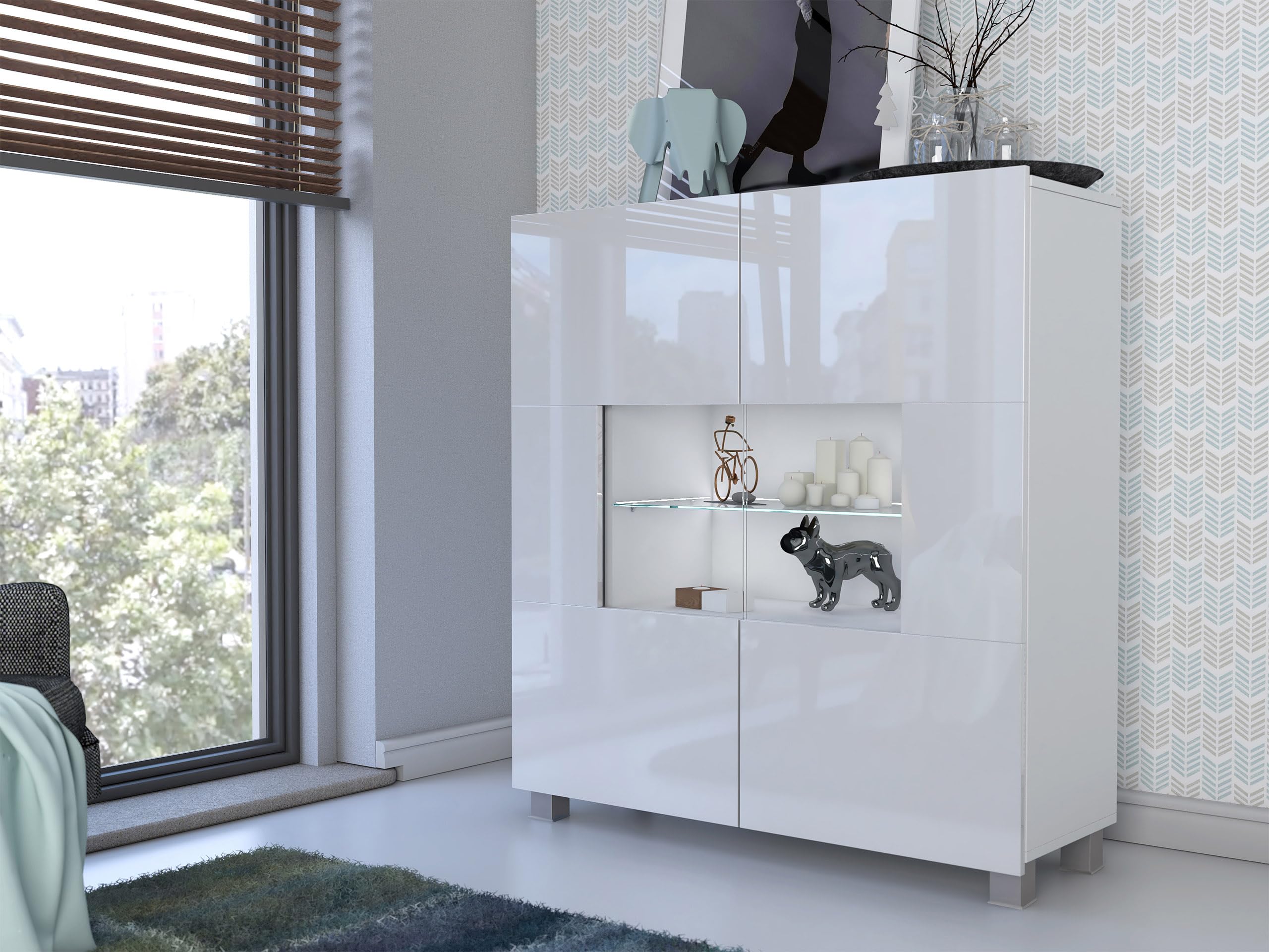Mirjan24 Kommode Calabrini BR01 mit 2 Türen (Weiß Hochglanz, weißer LED) | Moderne grifflose Kommode mit gehärtetem Glas und viel Stauraum für Wohn- und Schlafzimmer
