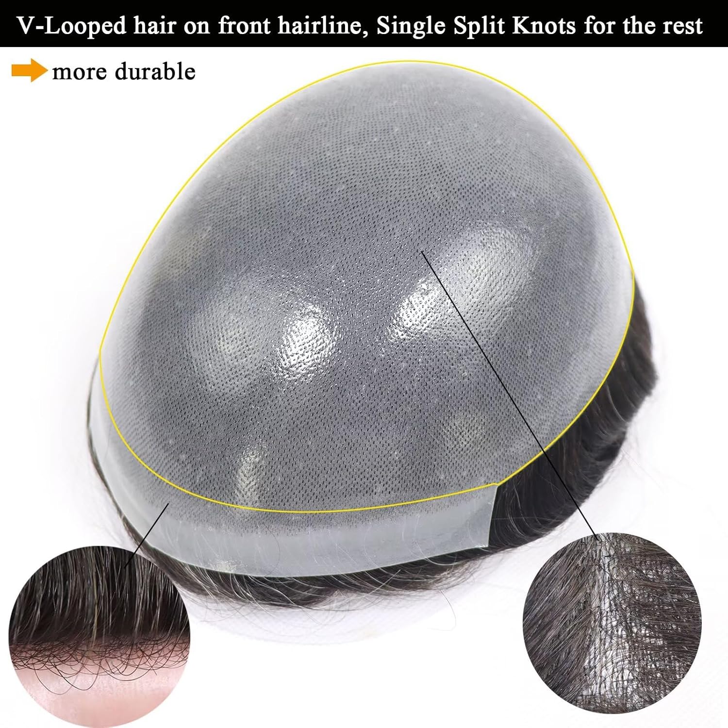 0.08mm Mens Thin Skin Hair System Toupee for Men Human Hair Replacement Pieces Protesis 8x10 Inch Front V Loop Natural Hairline with Single Knot Male Hairpiece Toupee #3 Dark Brown with 30% Grey