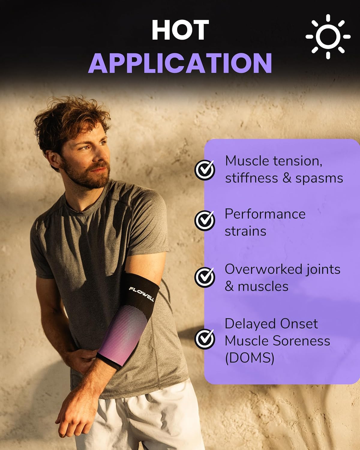 Man wearing a Flowell Sport Thermosleeve on his arm, with a list of benefits for hot application.