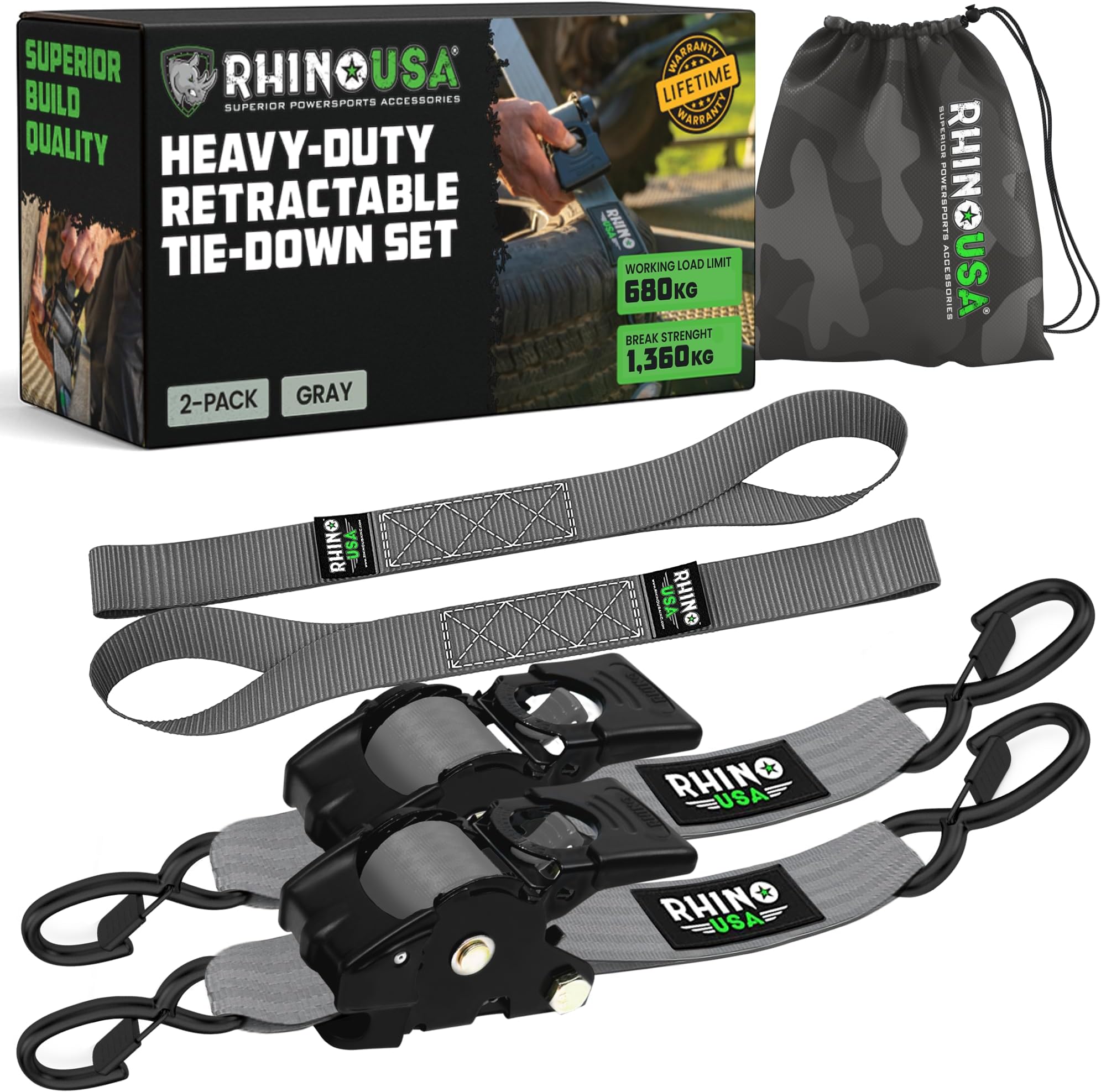 Rhino USA Retractable Ratchet Straps (2-Pack) - 5cm x 3m (1,360kg Break Strength) - Heavy Duty Auto Self-Retracting Tie Down Straps for Truck, Cargo Trailer, Motorcycle, Bike & More - Grey