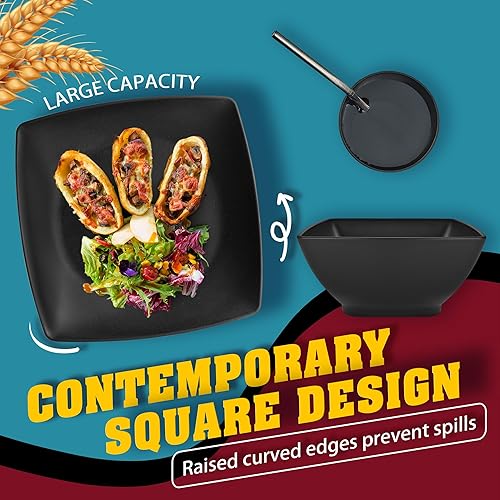 Miniatura 5 de Teivio Juego de vajilla cuadrada de paja de trigo de plástico de cocina de 56 piezas con cubiertos para 8, platos de cena irrompibles, cuencos para