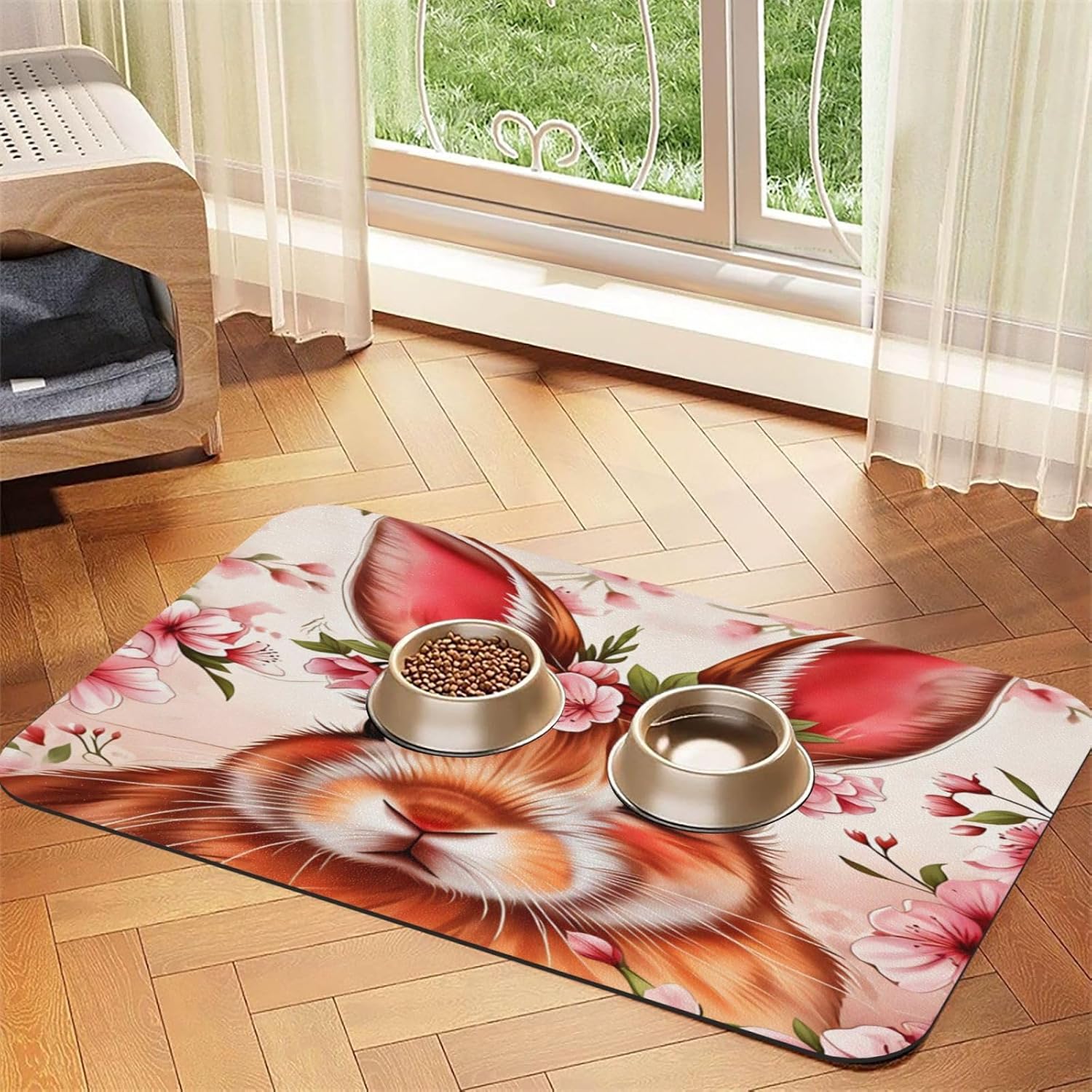 Cute Bunny Dog Food Mat, Leather Pet Feeding Mat, Cat Mat for Food, Absorbent Pet Placemat for Indoor Outdoor Water Bowl 40x60cm