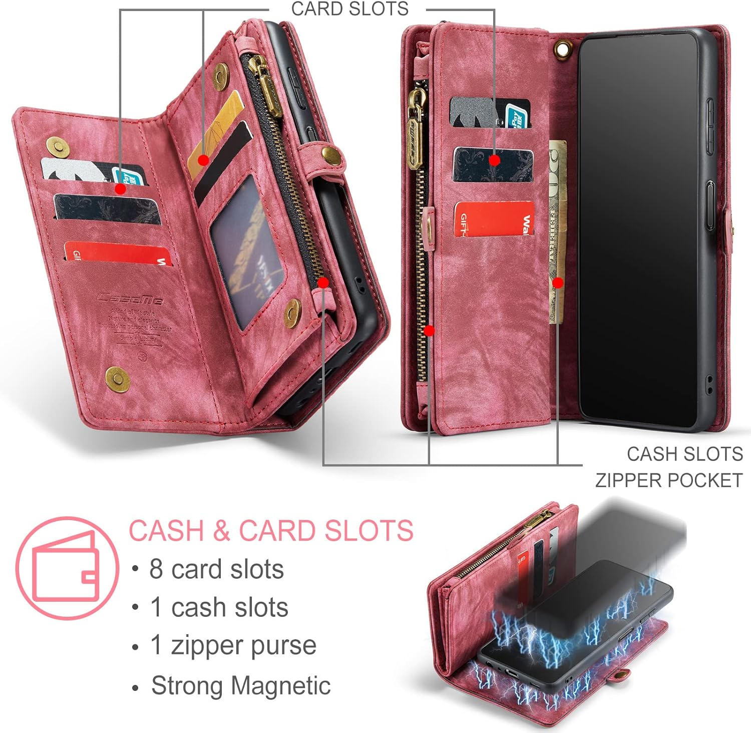 Case for Samsung Galaxy A13 5G, Genuine Leather Wallet Detachable Magnetic Cell Phone Cover Zipper Purse RFID Blocking Card Slot Holster for Samsung Galaxy A13 5G (Red)