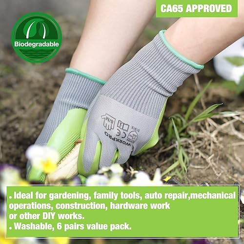 Miniatura 6 de WORKPRO 6 pares de guantes de jardín, guantes de trabajo con revestimiento de palma de látex ecológico, guantes de jardinería, guantes de trabajo