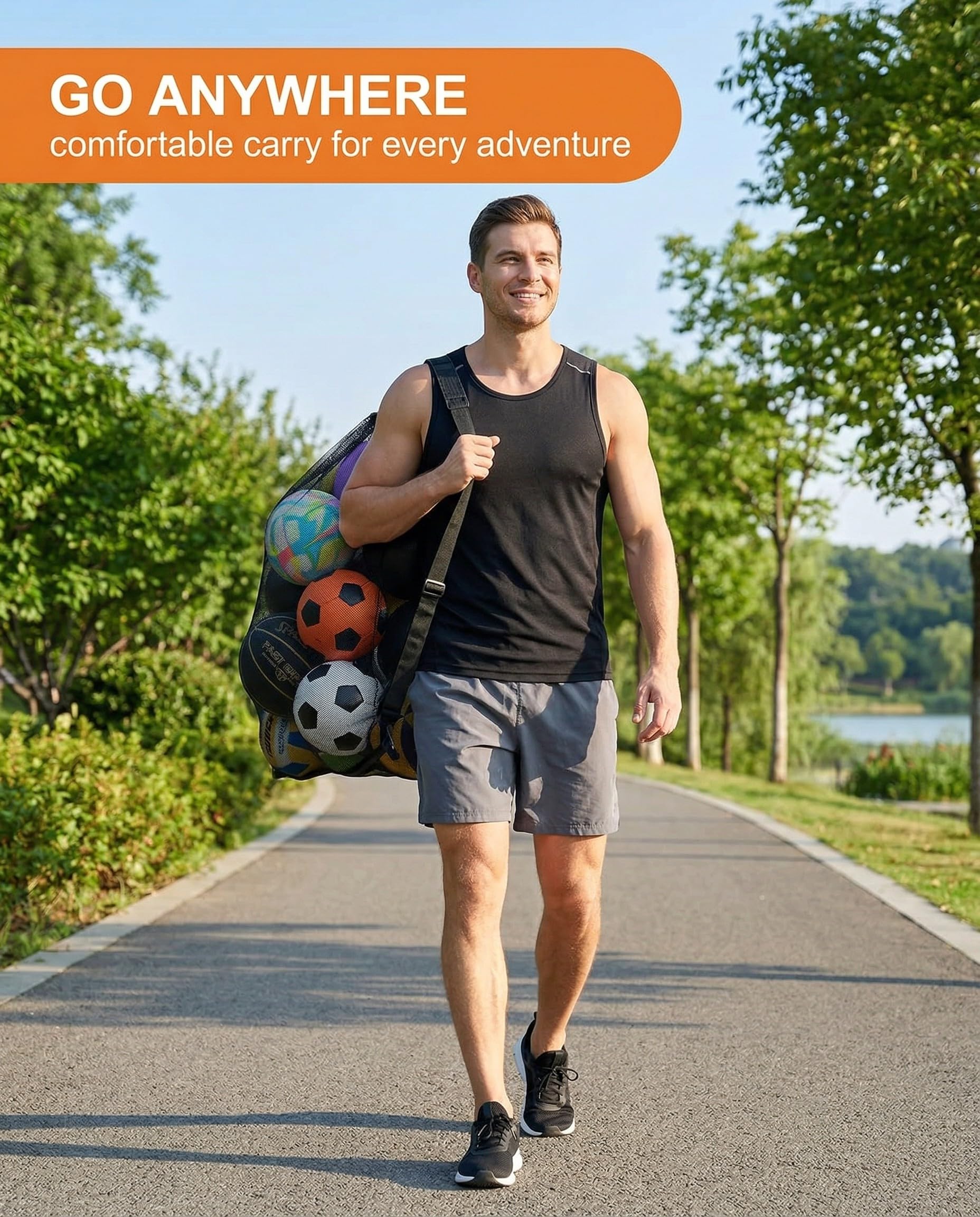 Sacca Rete Porta Palloni Grande Pieghevole, Borsa Sportiva Robusta con Coulisse e Tracolla per Calcio, Pallacanestro, Pallavolo, Rugby