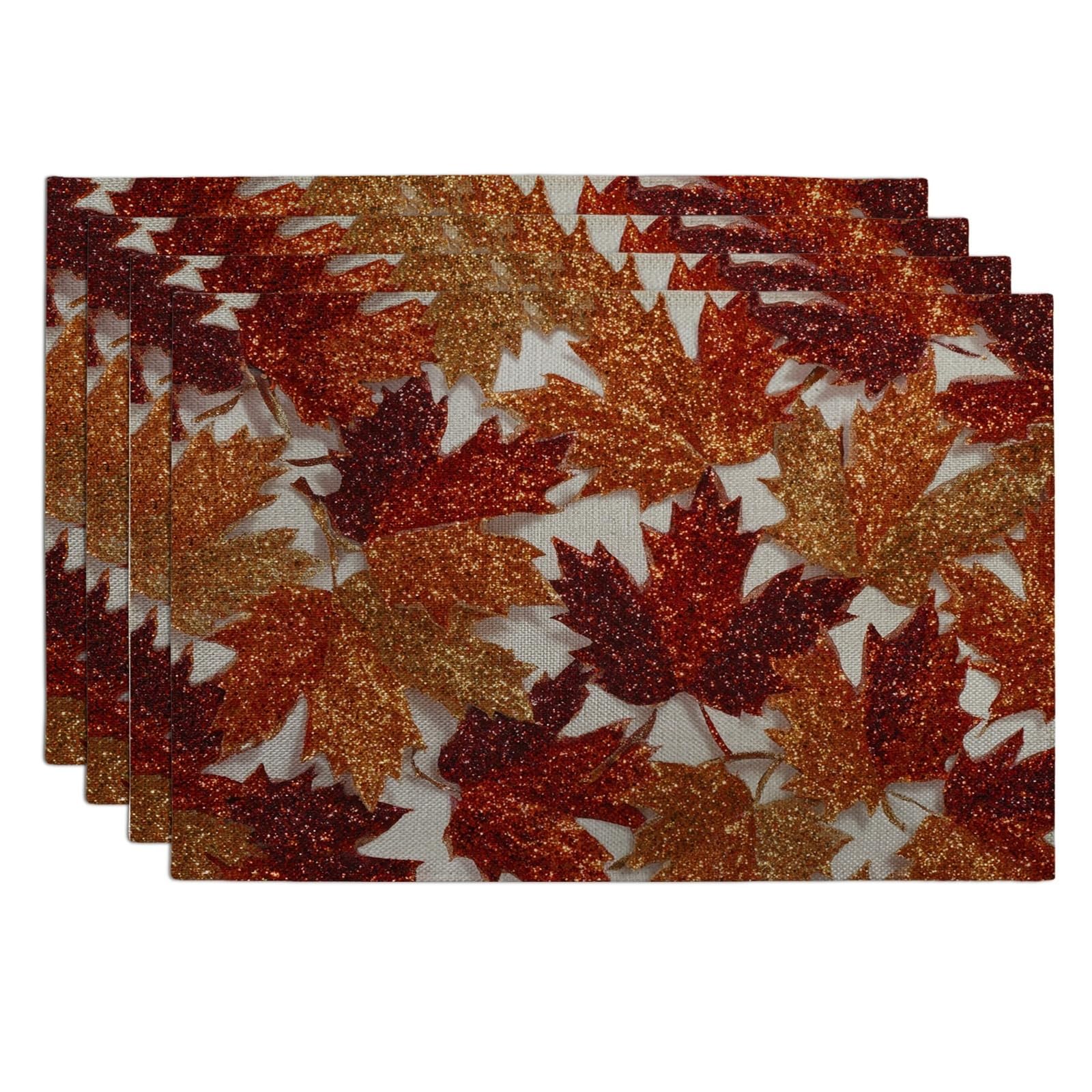 Autumn Maple Leaf Placemats, Orange Glittery Decorative Place mats for Dining Table, Non-Slip Washable Indoor Outdoor Holiday Placemat Set of 4