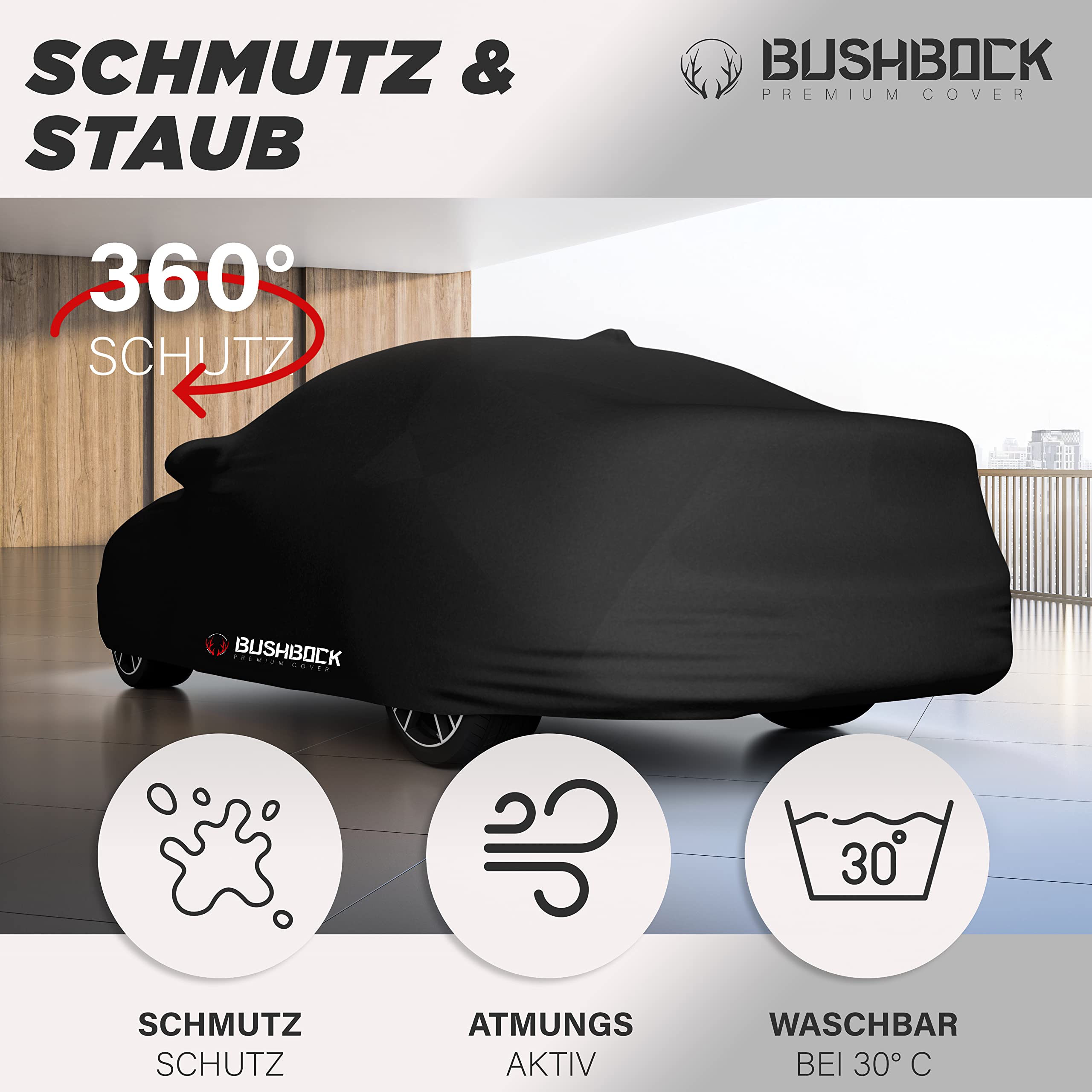 BUSHBOCK® Premium Autoabdeckung Indoor - Satin Schutzhülle Stoff - Abdeckplane Autoplane Autogarage Innenbereich - 2 Farben, 4 Größen (Schwarz, M)