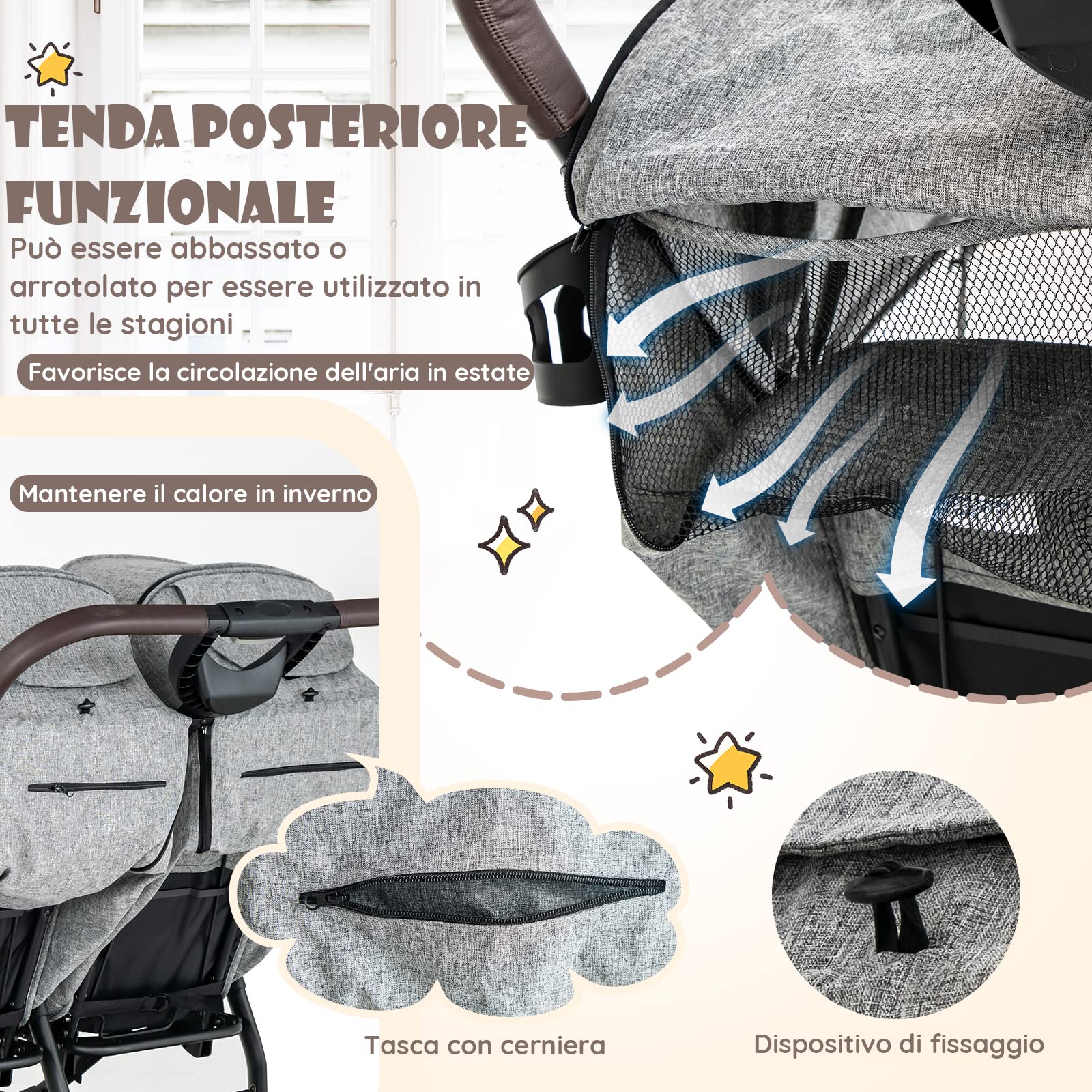 COSTWAY Passeggino Gemellare per Bambini, Passeggino Doppio Portatile Pieghevole con Schienale Regolabile, Tettuccio a 5 Livelli, Cintura a 5 Punti, Ruote 360°, Portata 15+15 kg (Grigio Chiaro)