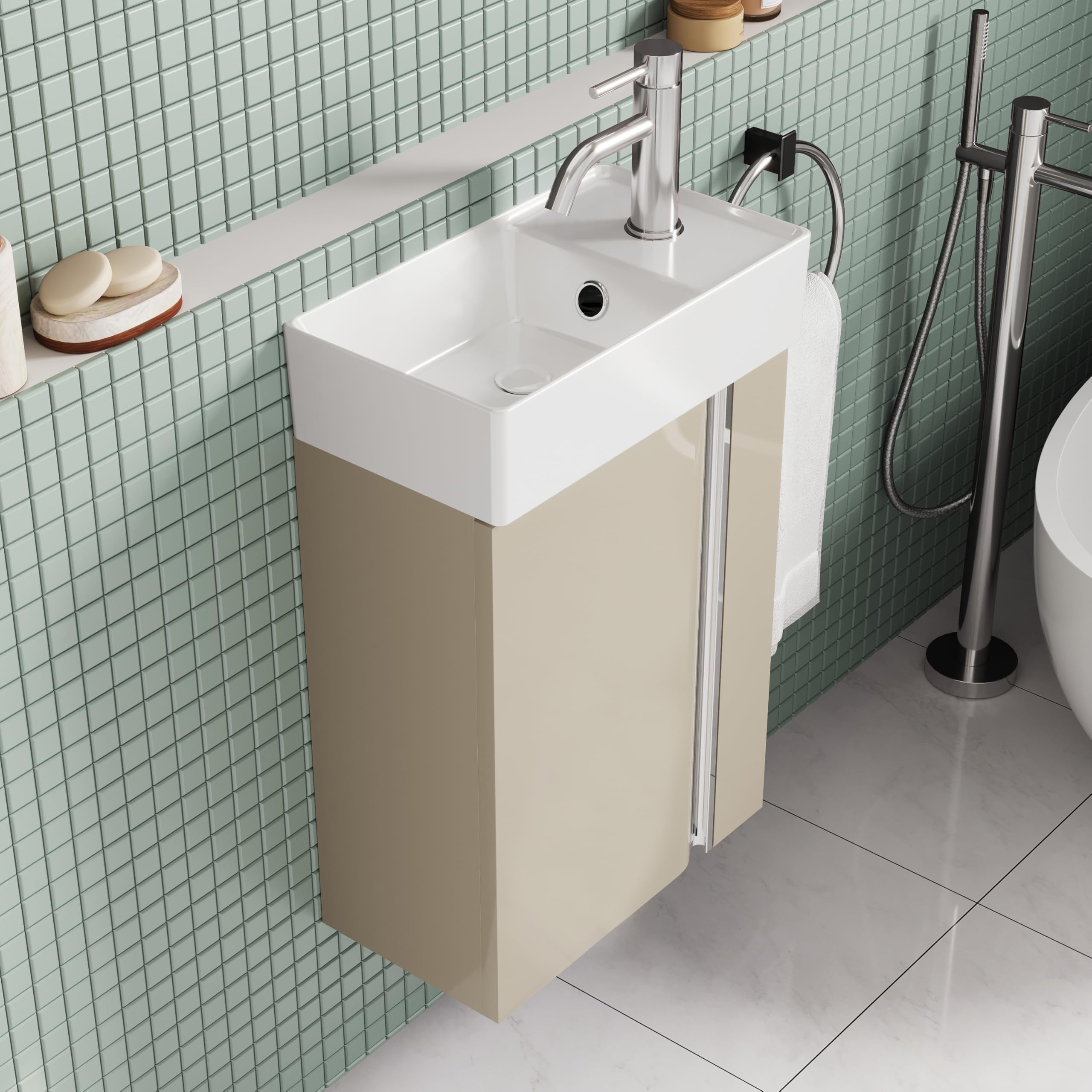 40 cm Badezimmerschrank Mit Waschbecken – Kleiner Waschbeckenschrank Mit Stauraum Für Gäste-Wc, Platzsparend, Taupe Glanz