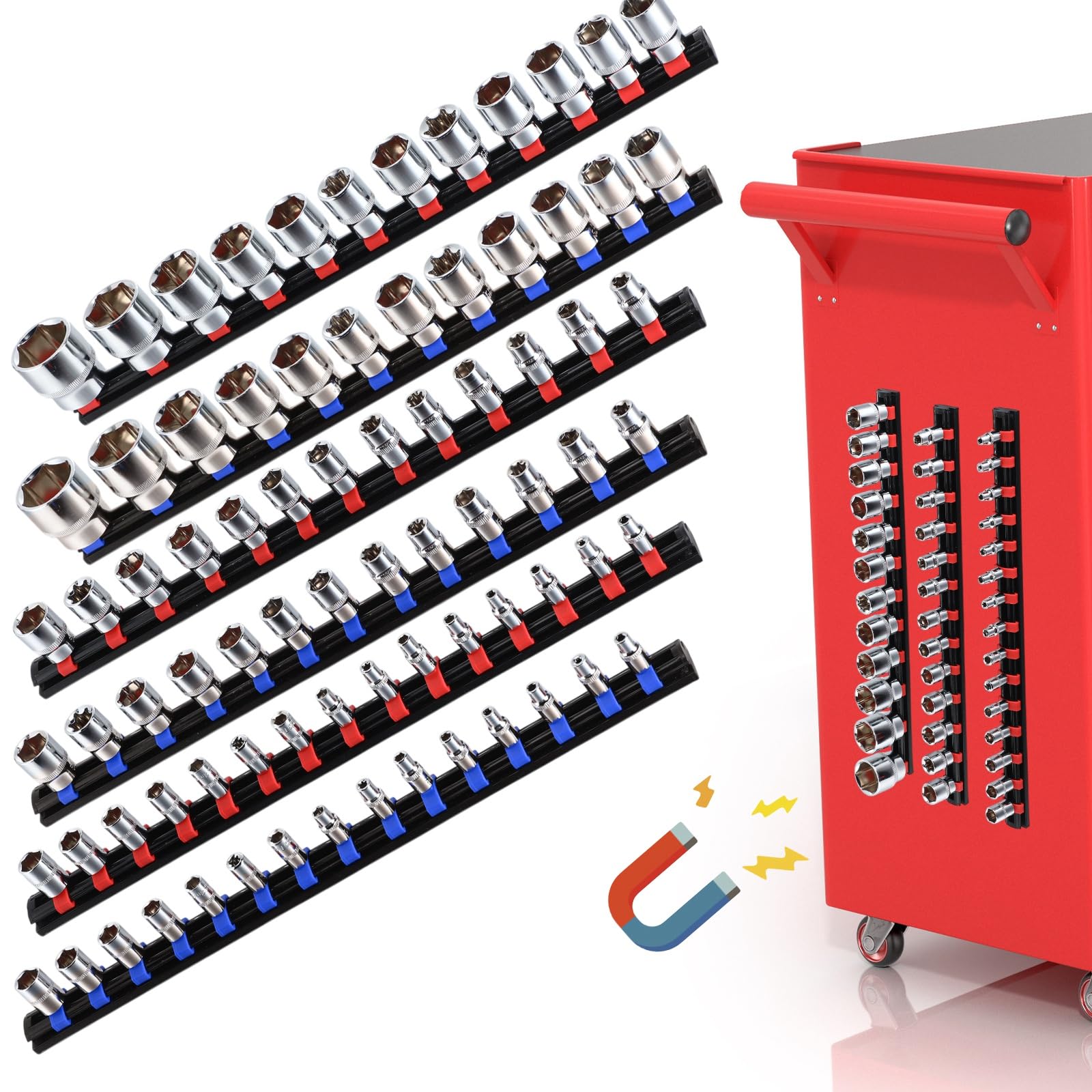 Burbell 6 Pieces Magnetic Socket Organizer Set ABS Tools Socket Holder Kit 1/2, 3/8, 1/4-inch Socket Rack with 80 Clips, Magnetic Socket Tray, Socket Rails for Tool Box(Red,Blue)
