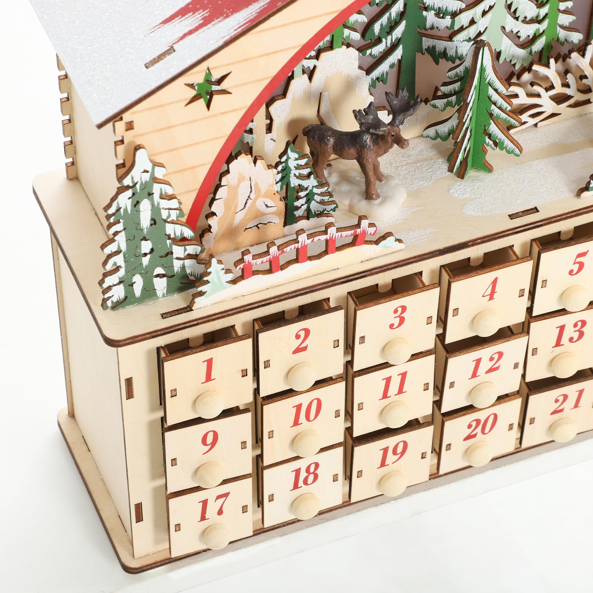 HOMCOM Calendario de Adviento para Rellenar de Madera, con Luces LED y 24 Cajones, Calendario de Adviento de Navidad Reutilizable con Escena de Pueblo, Decoración Navideña, 36x10x34 cm, Natural